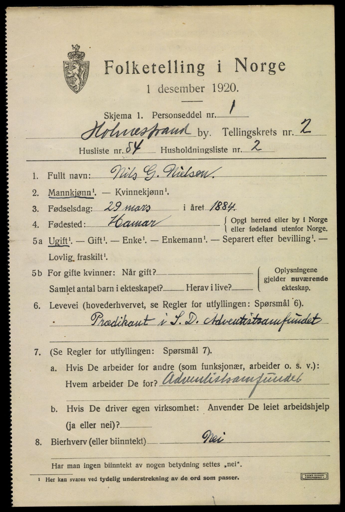 SAKO, 1920 census for Holmestrand, 1920, p. 2848