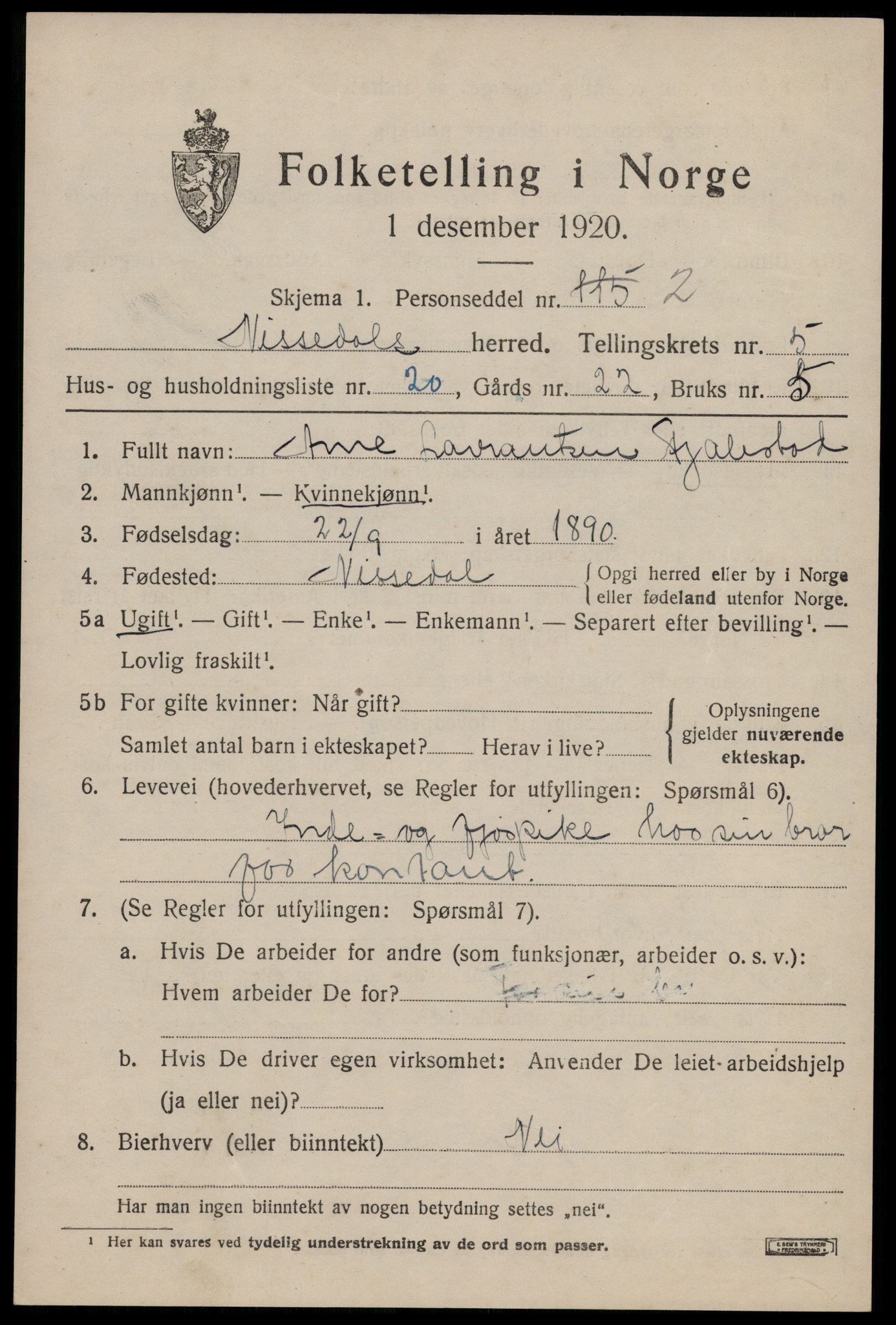 SAKO, 1920 census for Nissedal, 1920, p. 2259