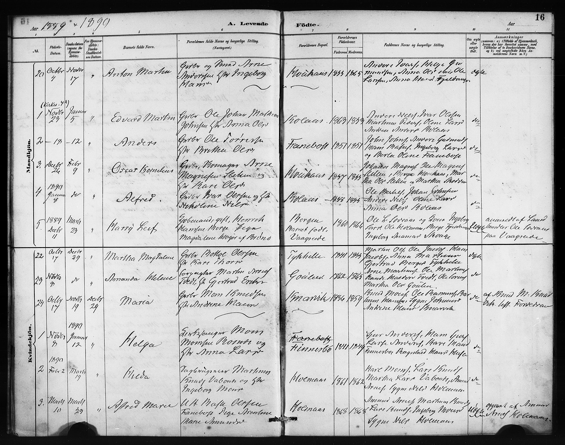 Lindås Sokneprestembete, SAB/A-76701/H/Haa: Parish register (official) no. B 1, 1886-1900, p. 16