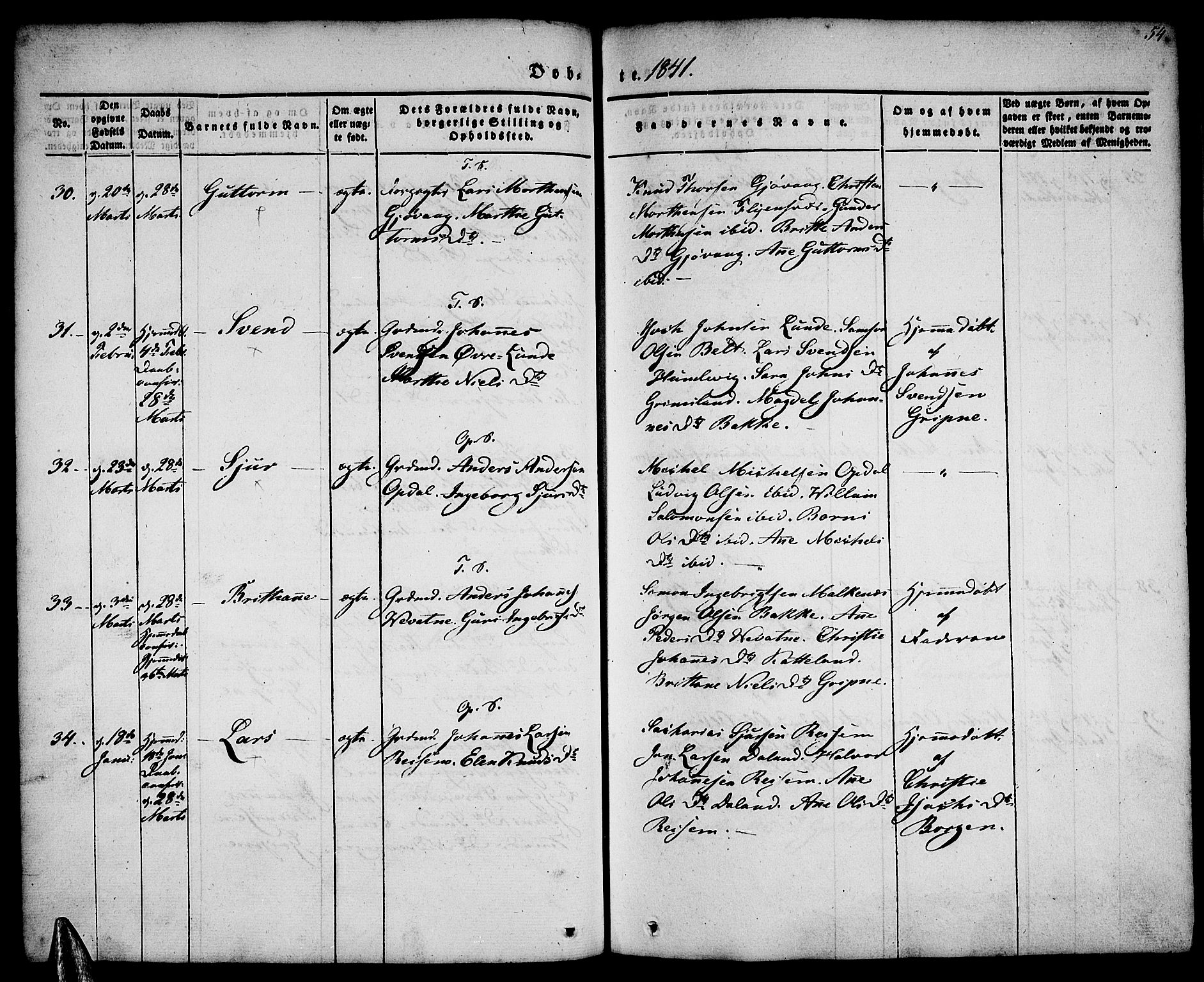 Tysnes sokneprestembete, SAB/A-78601/H/Haa: Parish register (official) no. A 9, 1837-1848, p. 54