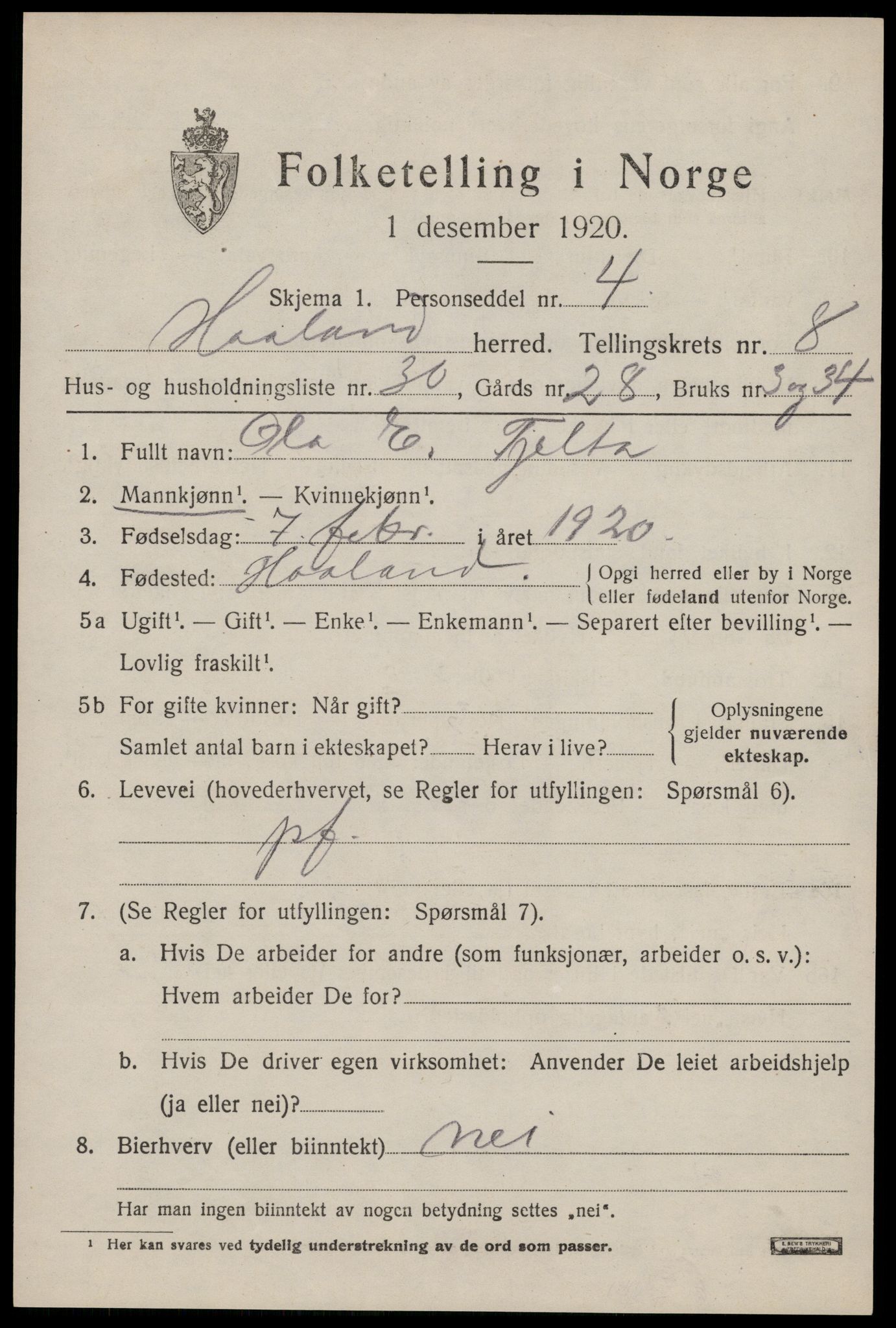 SAST, 1920 census for Håland, 1920, p. 6701