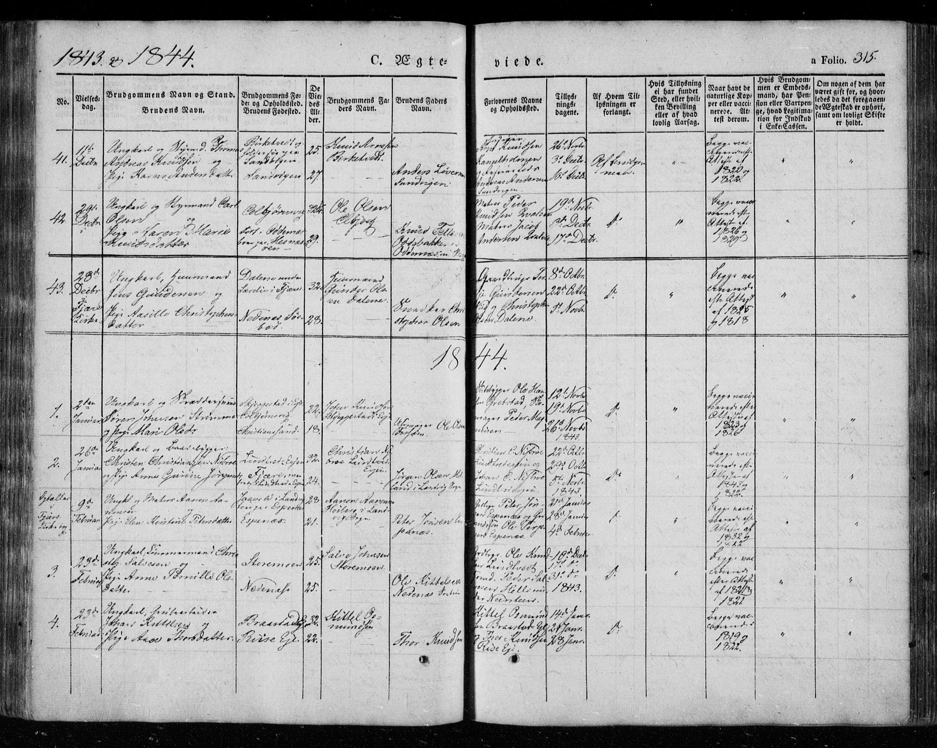 Øyestad sokneprestkontor, SAK/1111-0049/F/Fa/L0014: Parish register (official) no. A 14, 1843-1856, p. 315
