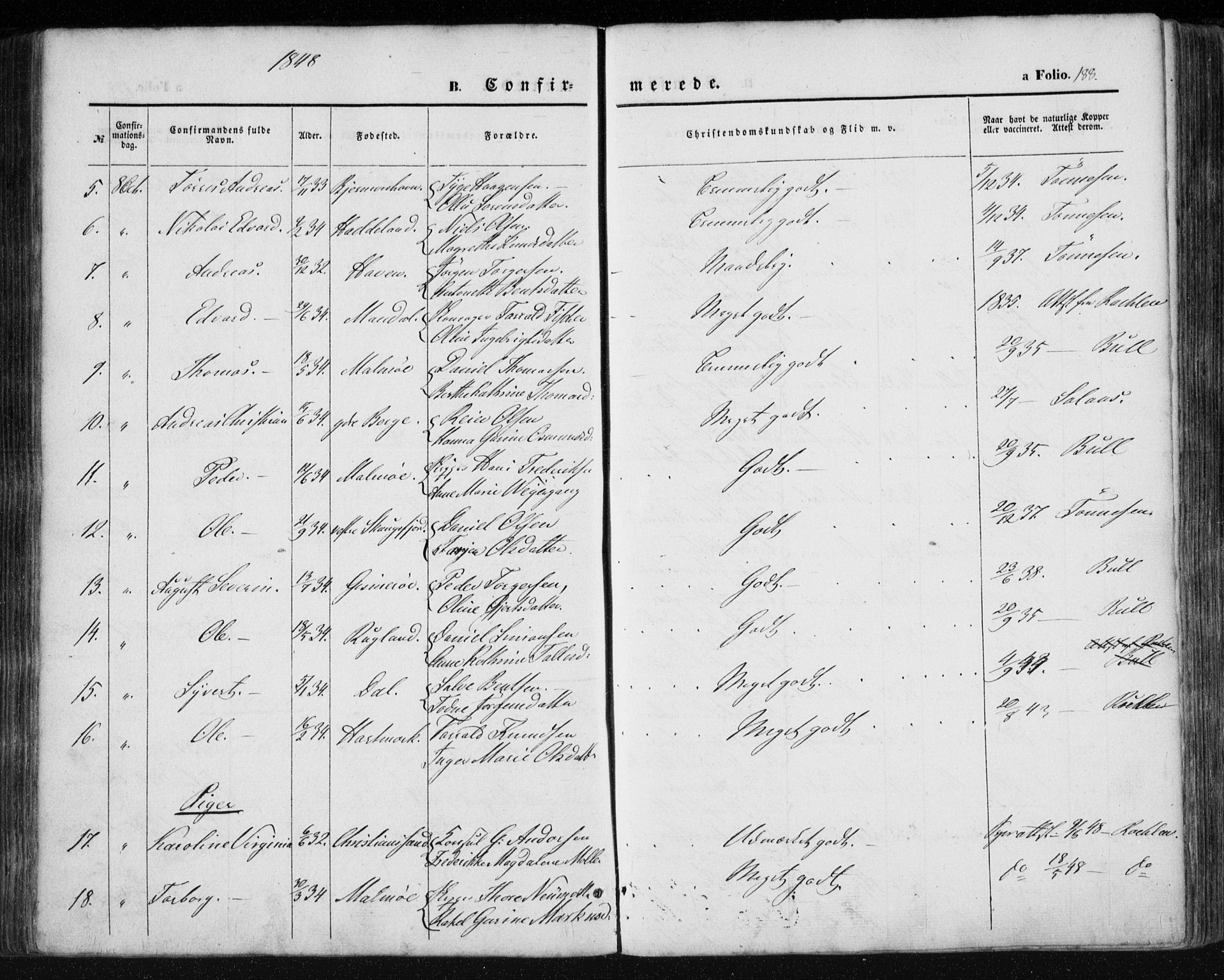 Mandal sokneprestkontor, AV/SAK-1111-0030/F/Fa/Faa/L0013: Parish register (official) no. A 13, 1847-1859, p. 188
