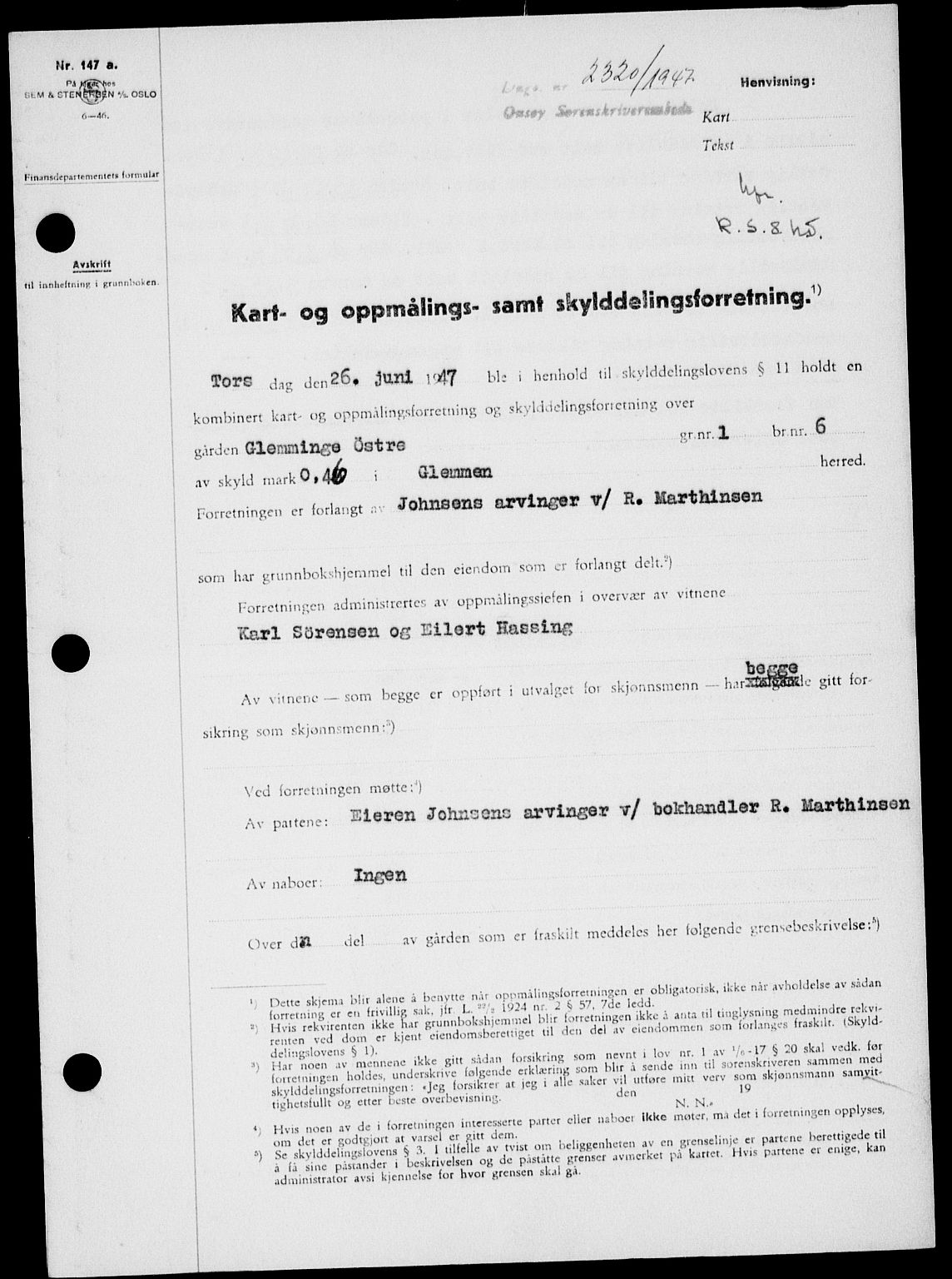 Onsøy sorenskriveri, SAO/A-10474/G/Ga/Gab/L0021: Mortgage book no. II A-21, 1947-1947, Diary no: : 2320/1947