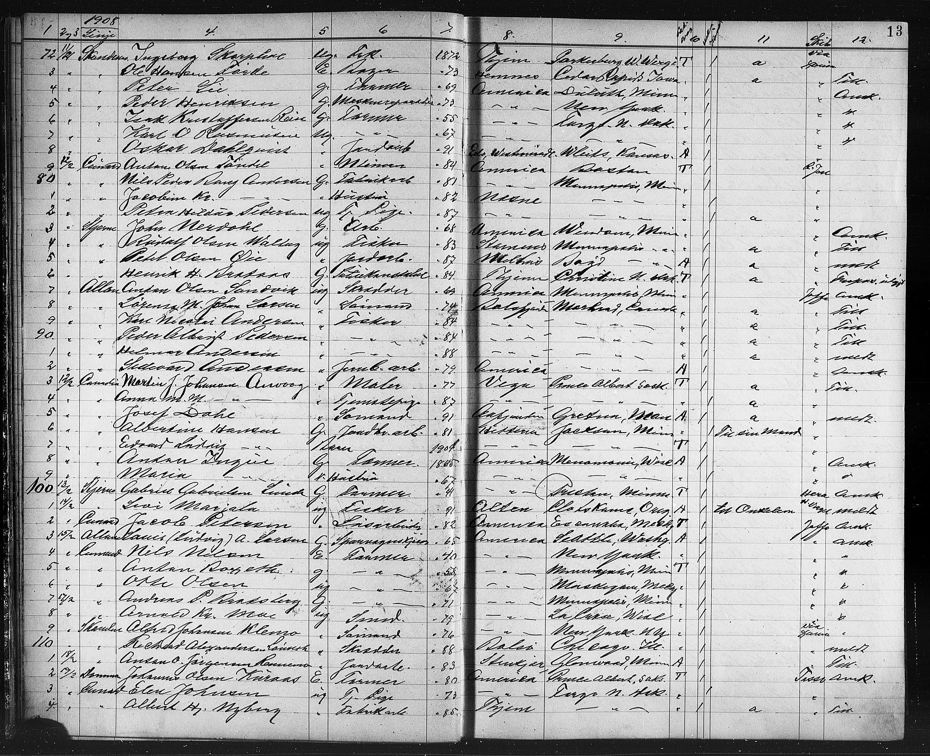 Trondheim politikammer, AV/SAT-A-1887/1/32/L0014: Emigrantprotokoll XIII, 1907-1911, p. 13