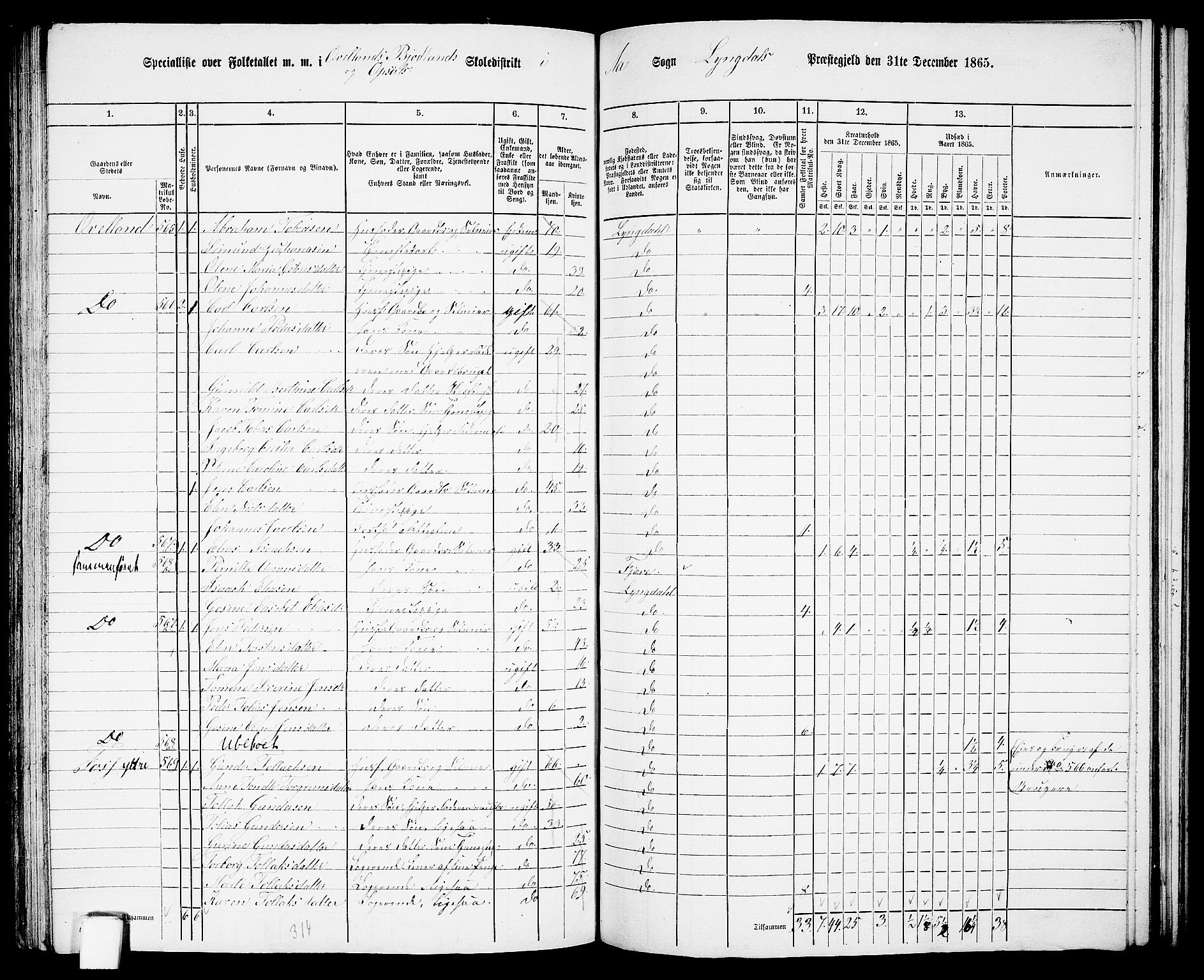 RA, 1865 census for Lyngdal, 1865, p. 174