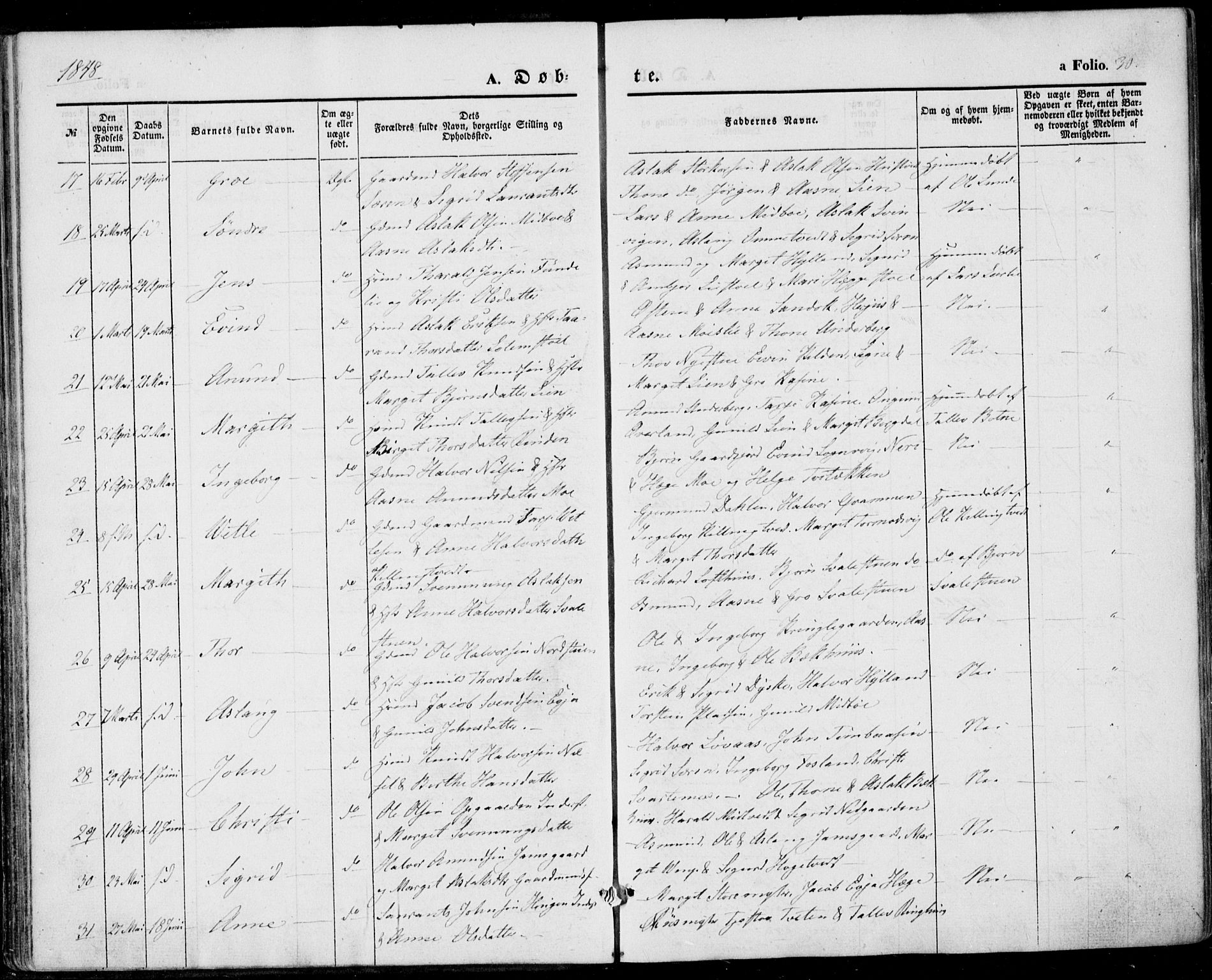 Vinje kirkebøker, SAKO/A-312/F/Fa/L0004: Parish register (official) no. I 4, 1843-1869, p. 30