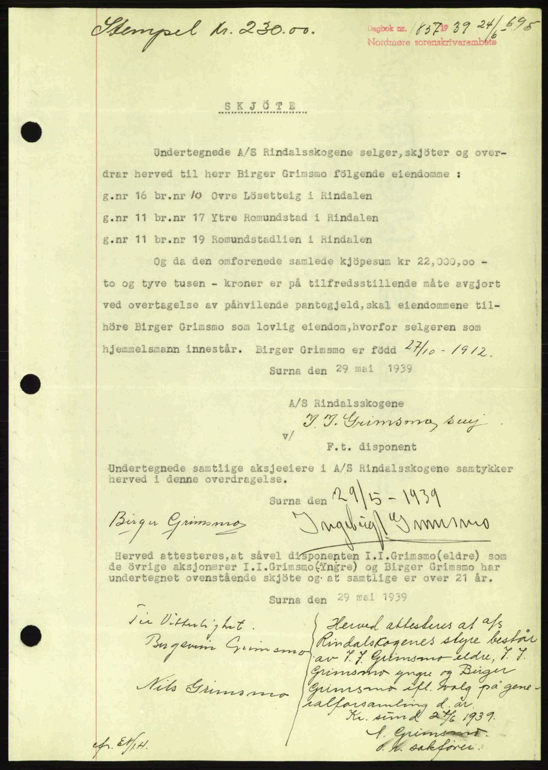 Nordmøre sorenskriveri, AV/SAT-A-4132/1/2/2Ca: Mortgage book no. A86, 1939-1939, Diary no: : 1857/1939