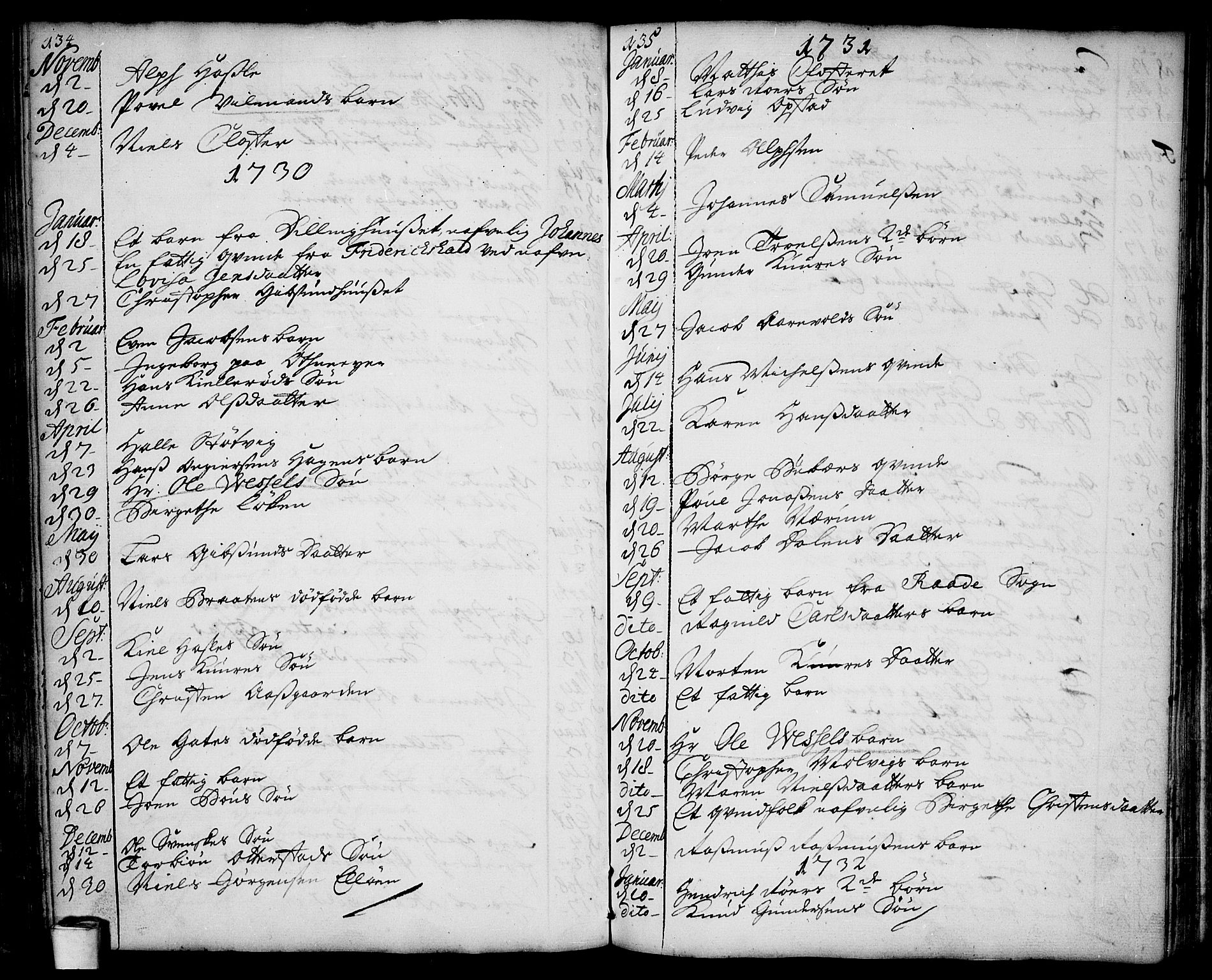Rygge prestekontor Kirkebøker, AV/SAO-A-10084b/F/Fa/L0001: Parish register (official) no. 1, 1725-1771, p. 134-135