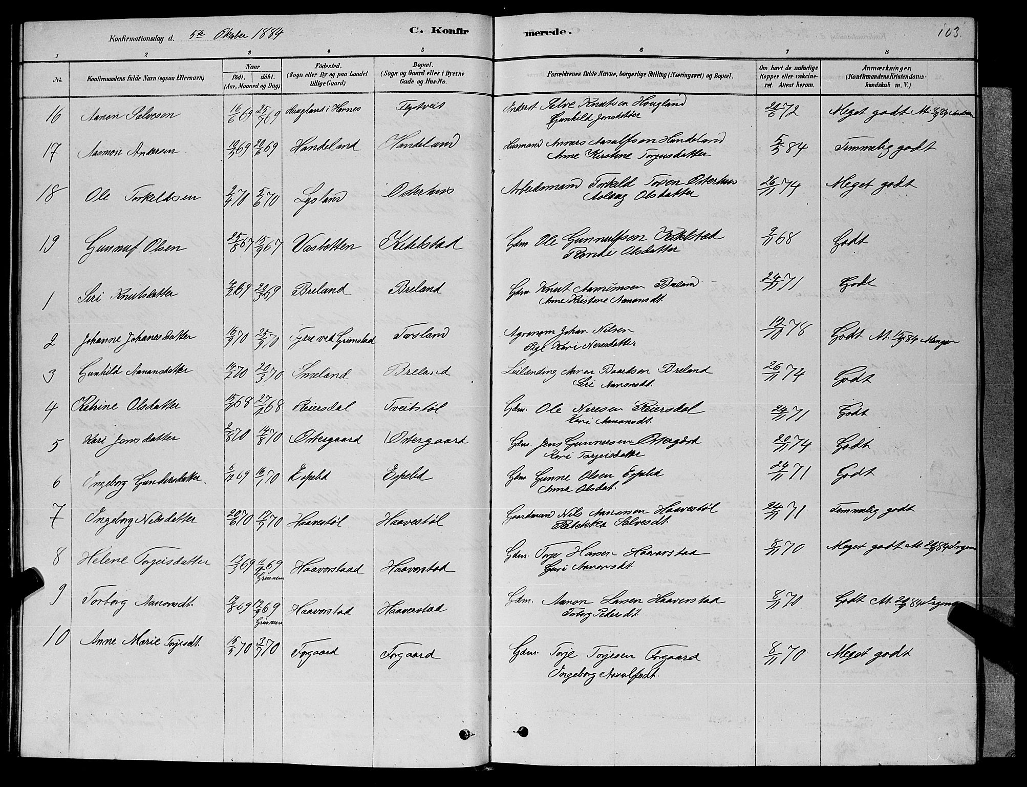 Åseral sokneprestkontor, AV/SAK-1111-0051/F/Fb/L0002: Parish register (copy) no. B 2, 1878-1899, p. 103