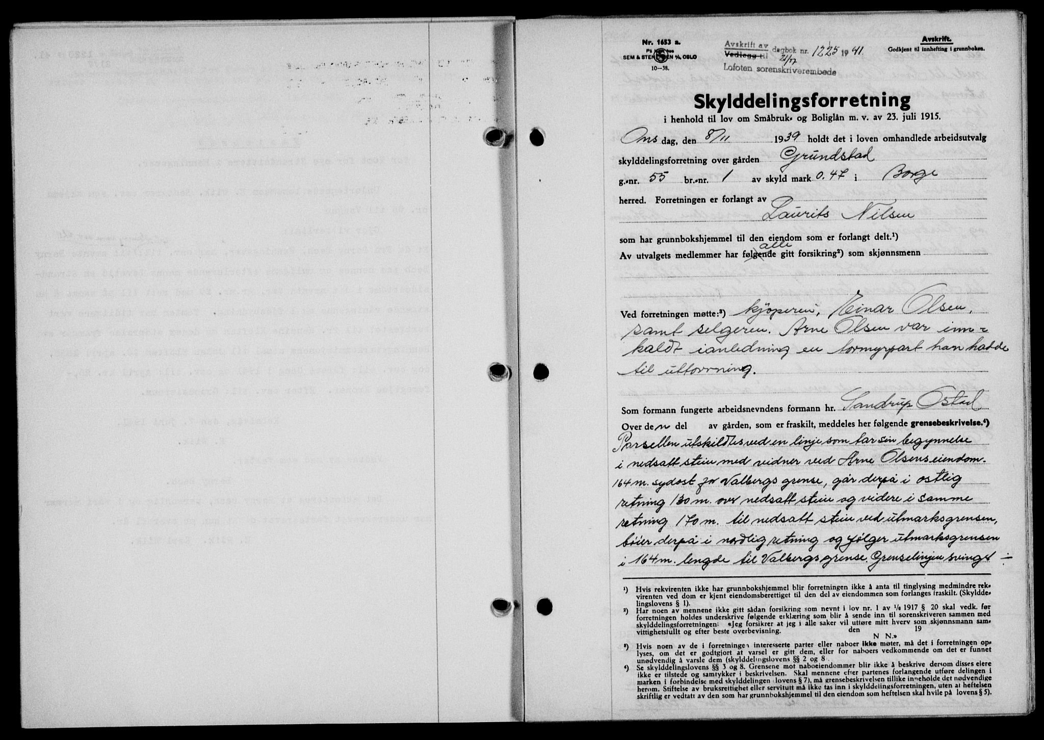 Lofoten sorenskriveri, SAT/A-0017/1/2/2C/L0008a: Mortgage book no. 8a, 1940-1941, Diary no: : 1225/1941