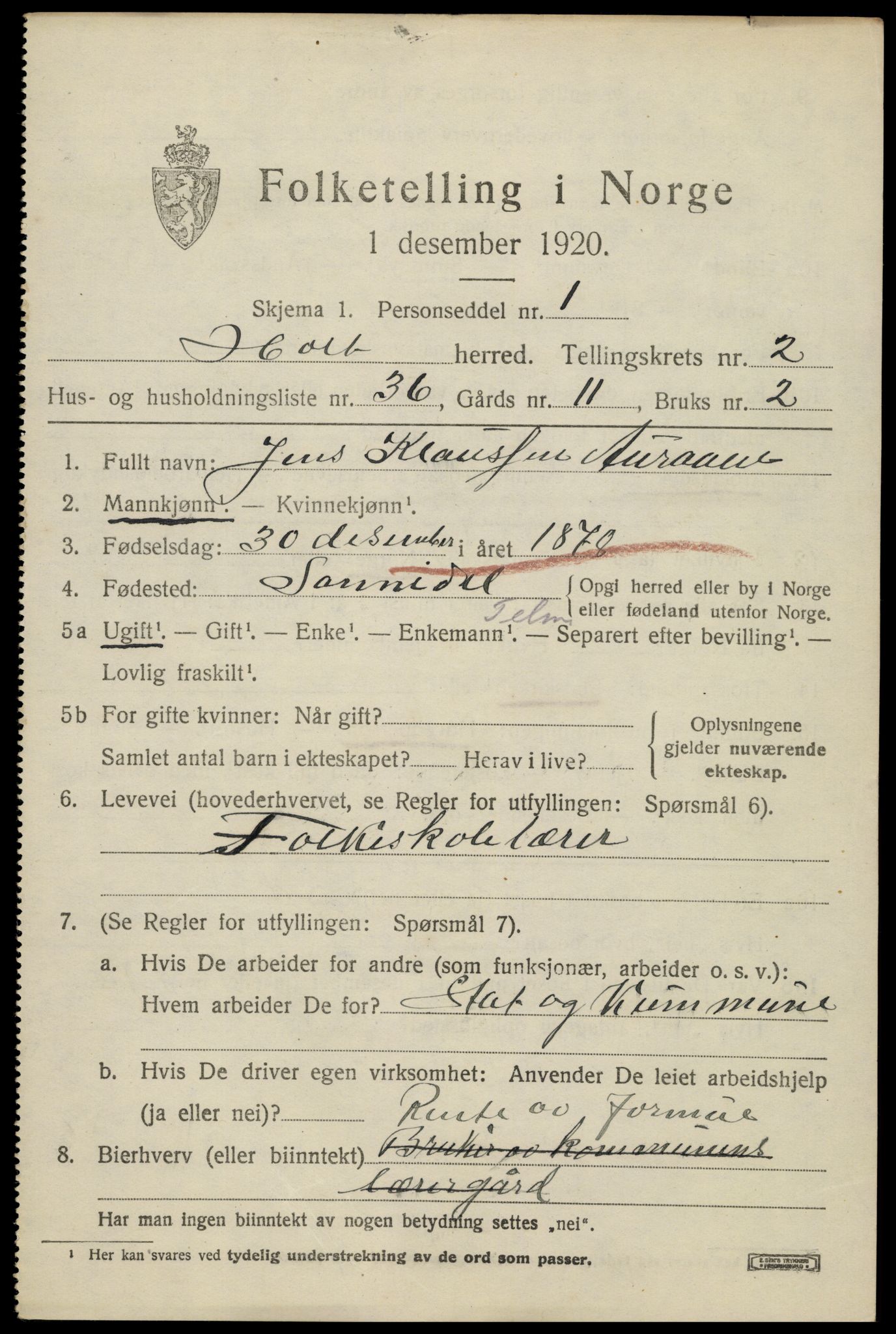 SAK, 1920 census for Holt, 1920, p. 2364