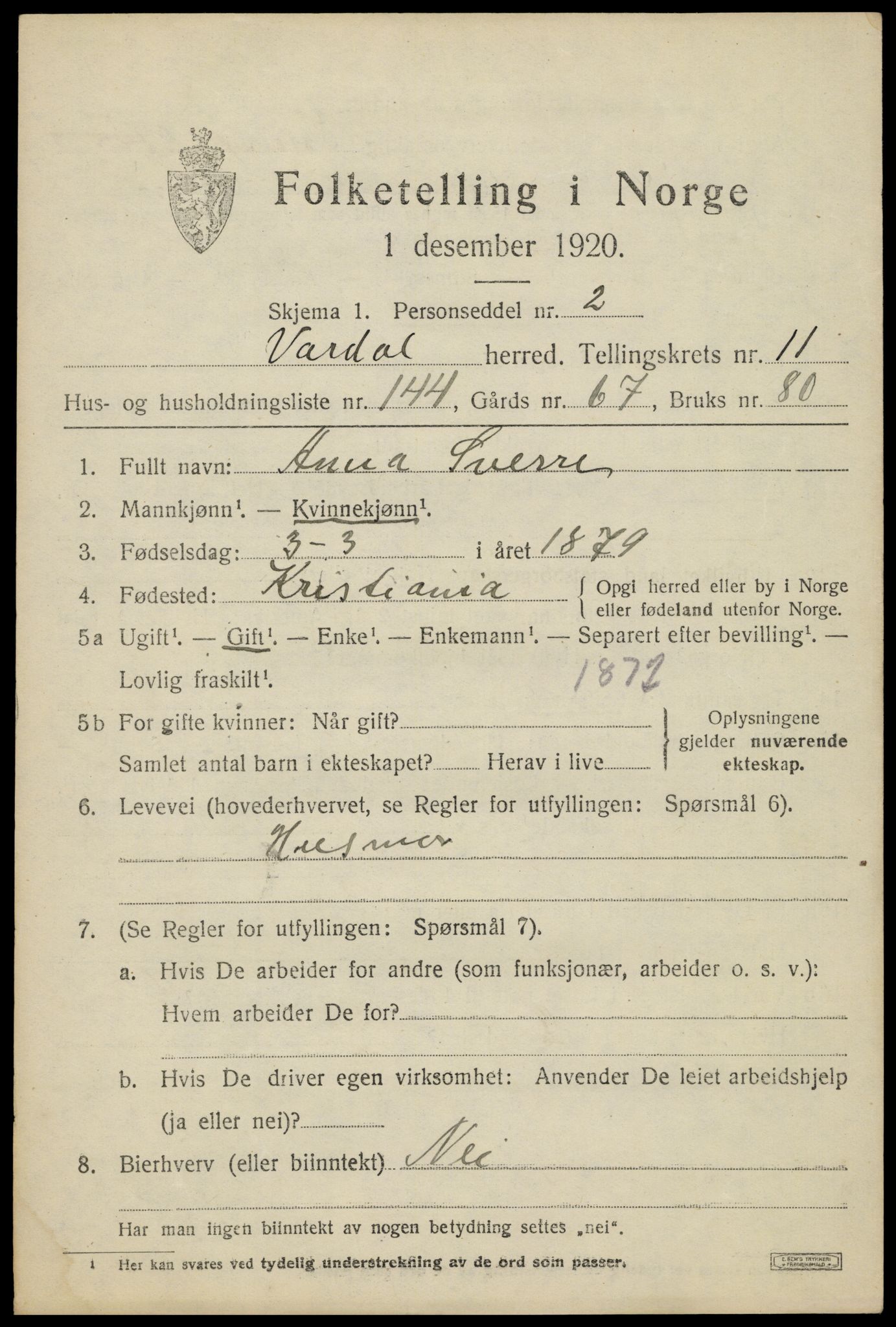 SAH, 1920 census for Vardal, 1920, p. 13129