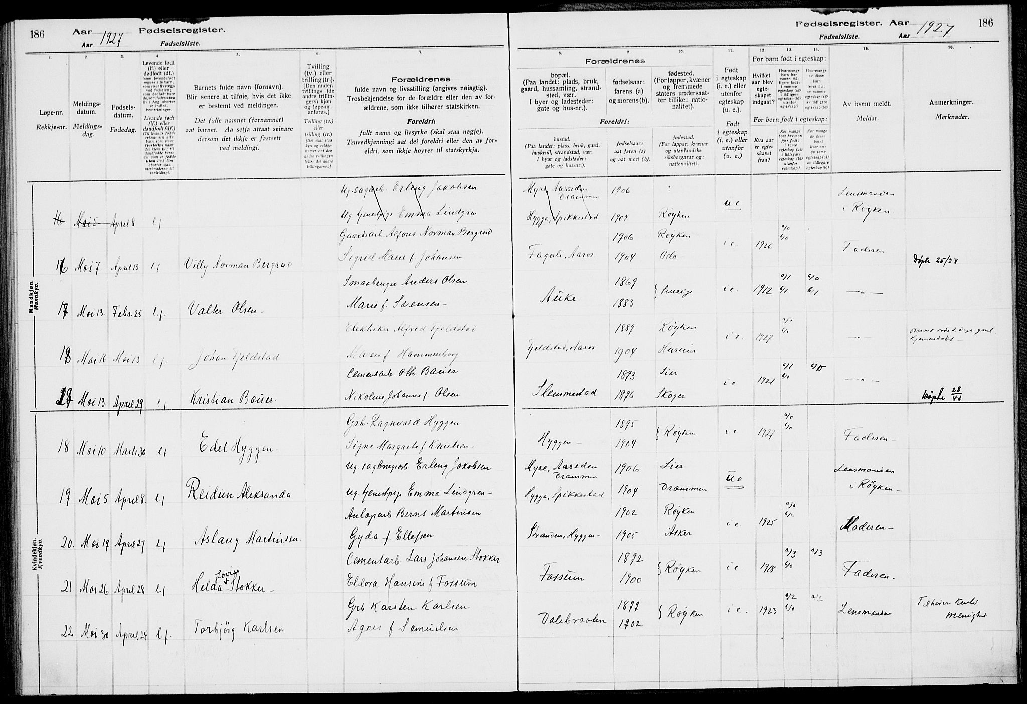 Røyken kirkebøker, AV/SAKO-A-241/J/Ja/L0001: Birth register no. 1, 1916-1927, p. 186