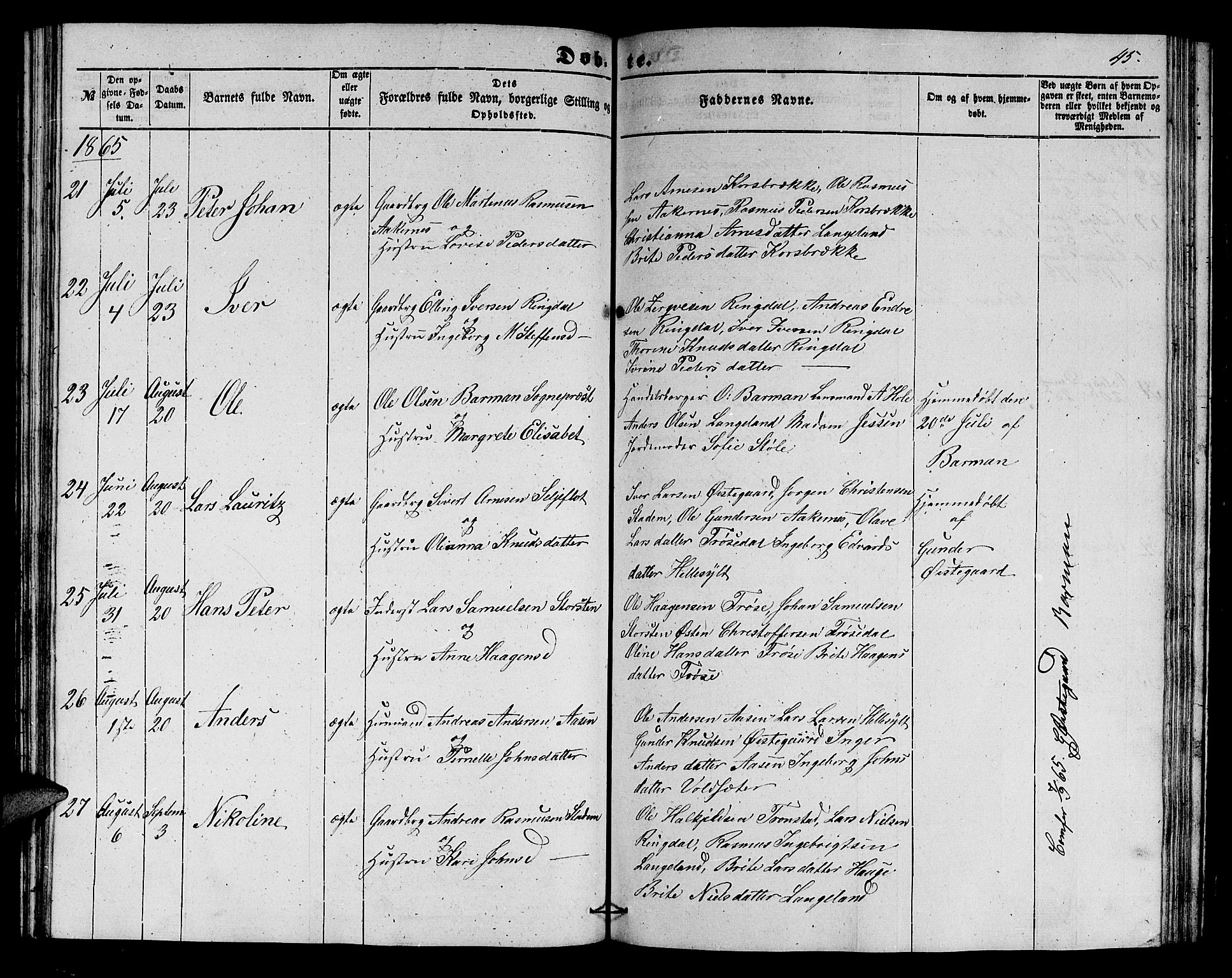Ministerialprotokoller, klokkerbøker og fødselsregistre - Møre og Romsdal, SAT/A-1454/517/L0228: Parish register (copy) no. 517C01, 1854-1865, p. 45