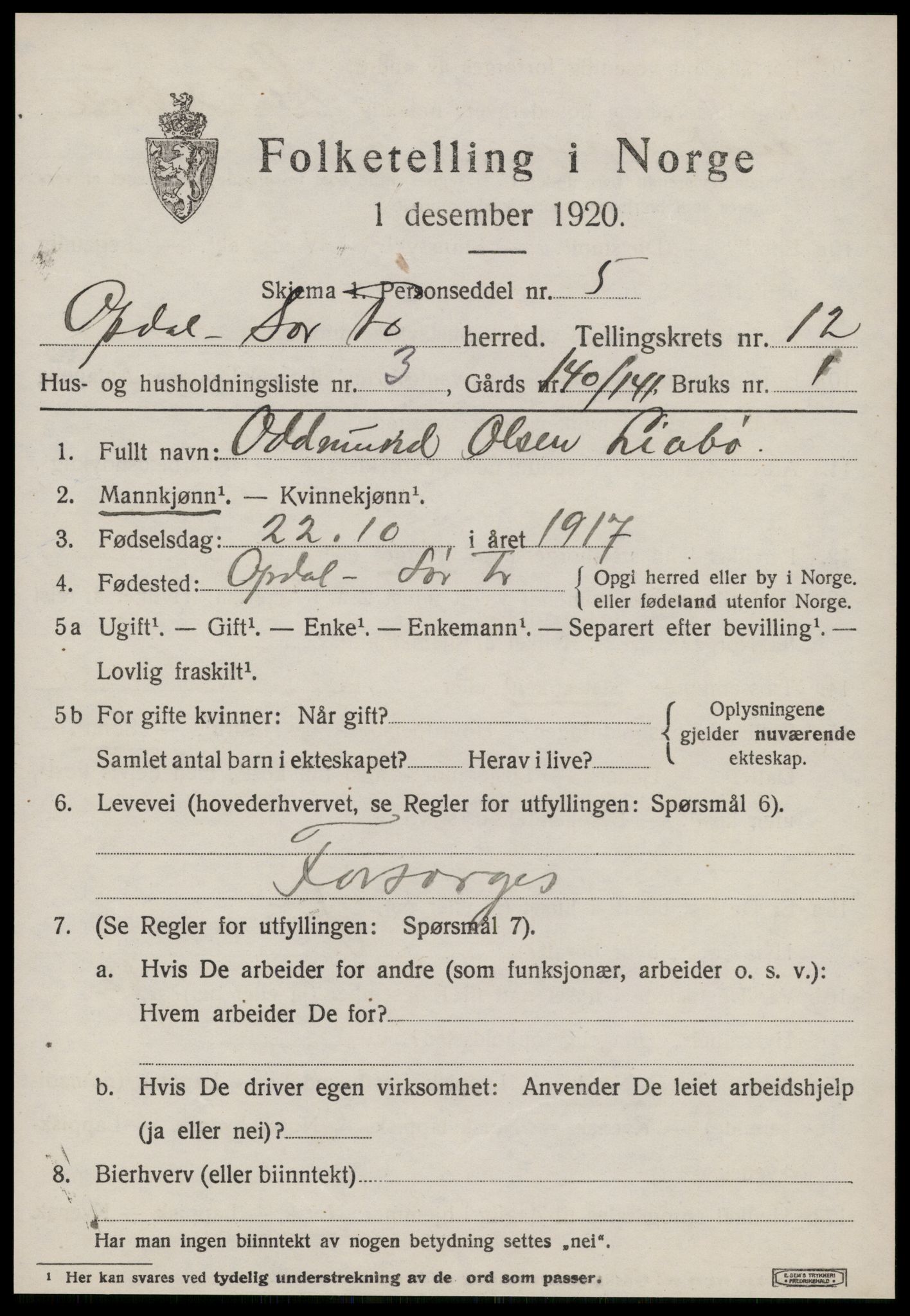 SAT, 1920 census for Oppdal, 1920, p. 10209