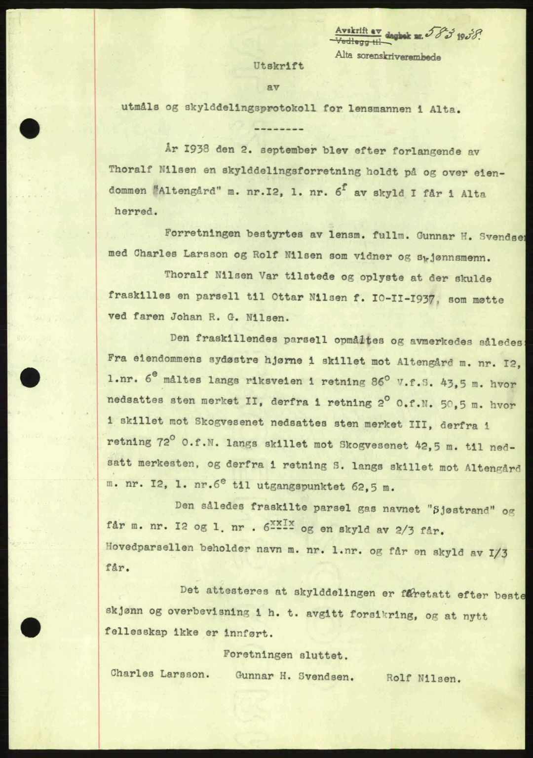 Alta fogderi/sorenskriveri, SATØ/SATØ-5/1/K/Kd/L0031pantebok: Mortgage book no. 31, 1938-1939, Diary no: : 583/1938