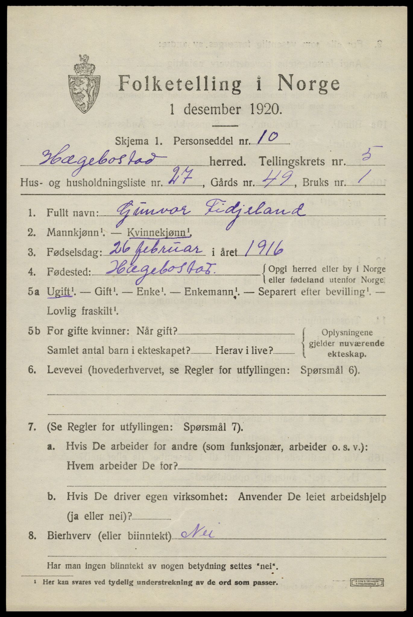 SAK, 1920 census for Hægebostad, 1920, p. 1999