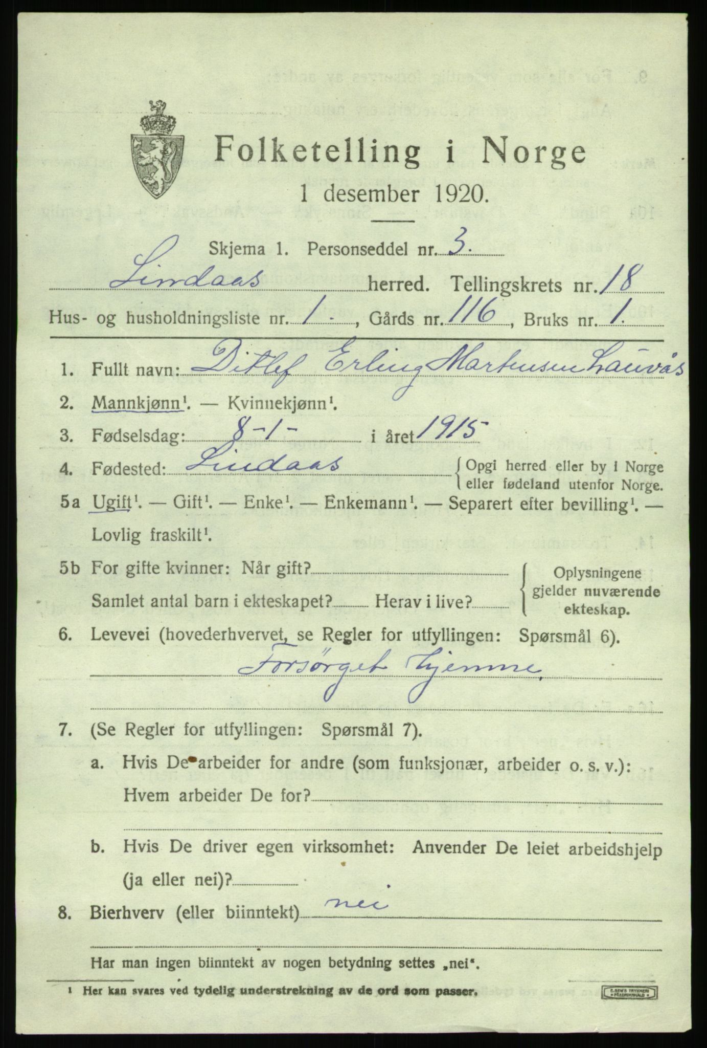 SAB, 1920 census for Lindås, 1920, p. 9309