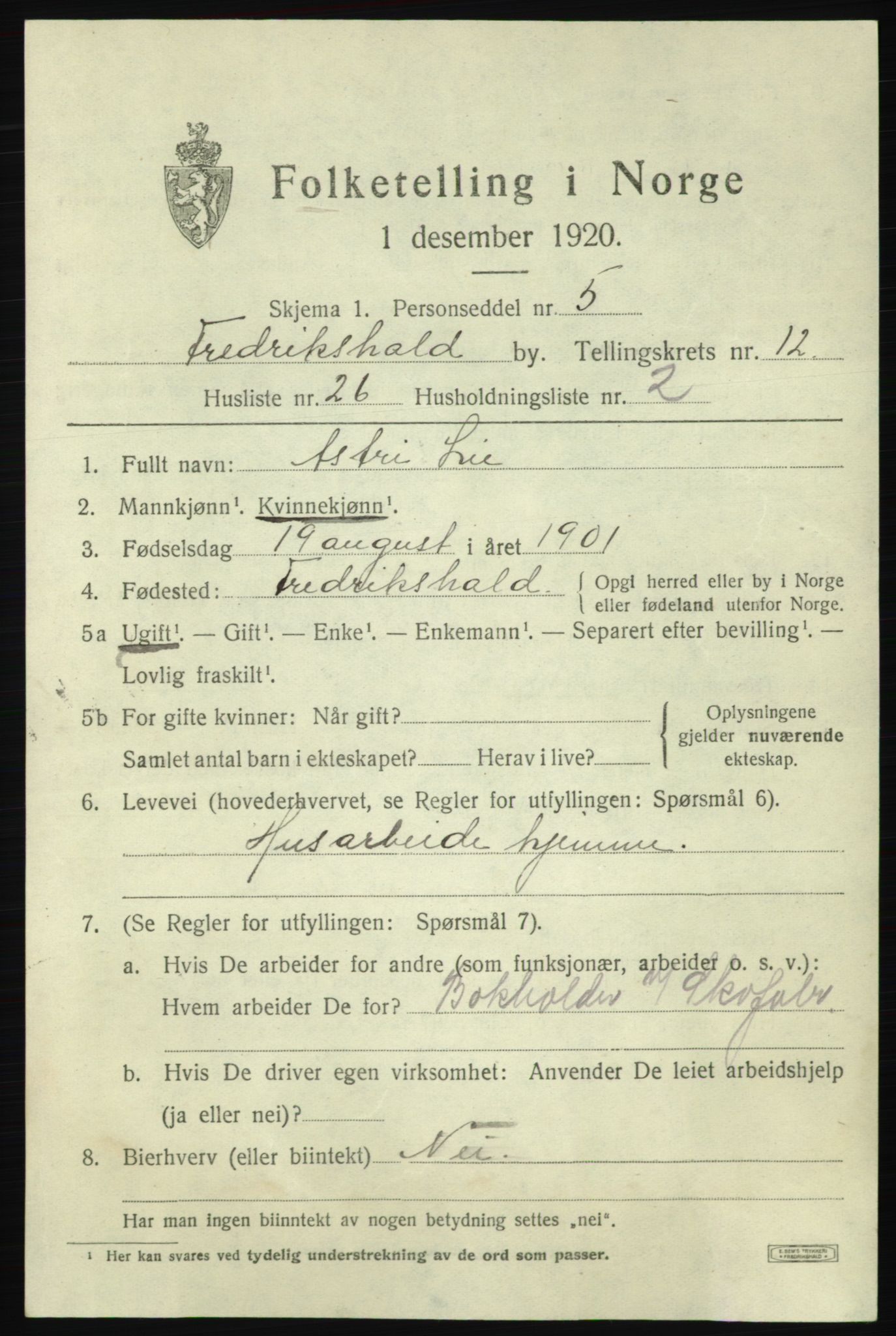 SAO, 1920 census for Fredrikshald, 1920, p. 20483