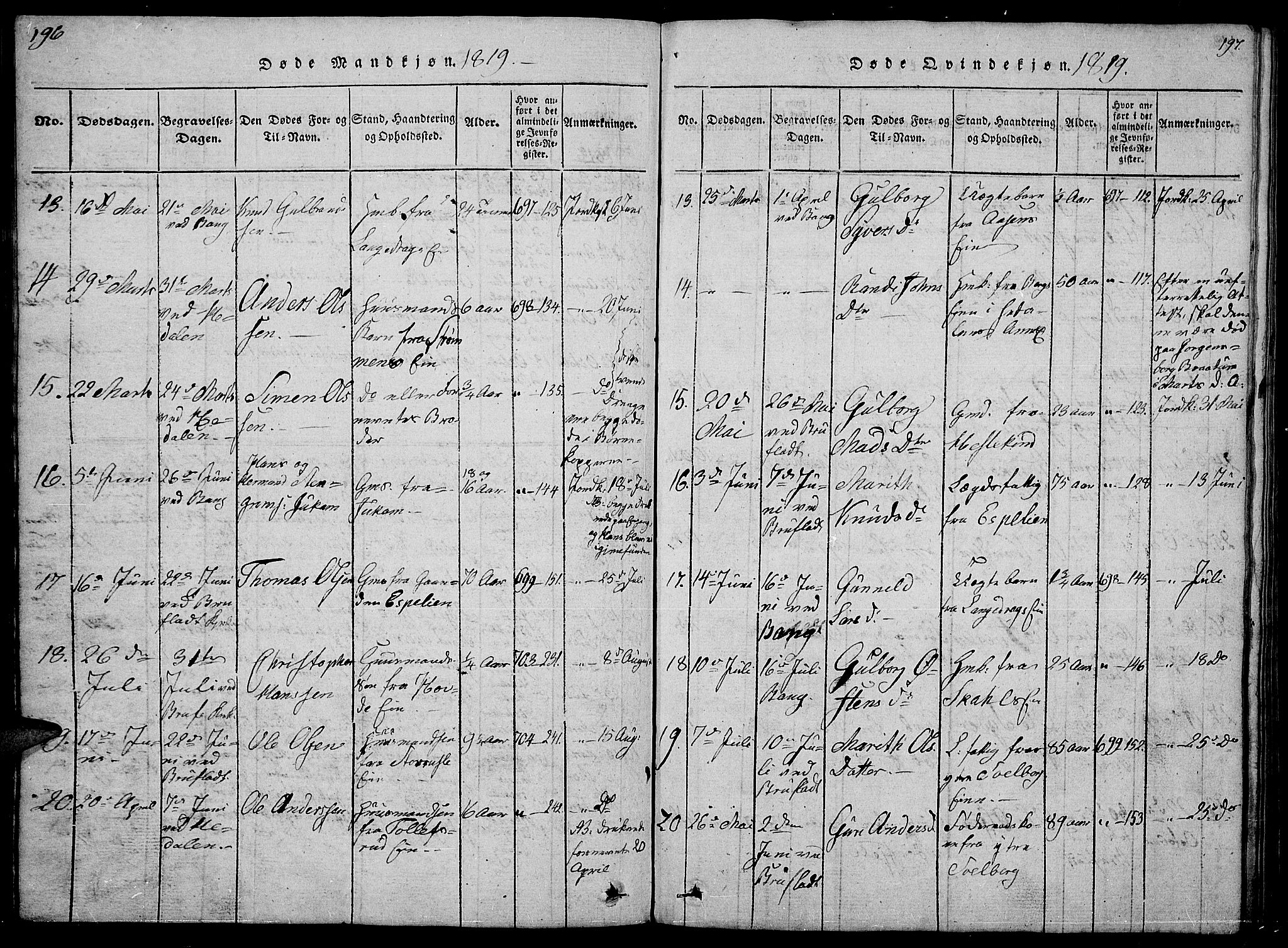 Sør-Aurdal prestekontor, SAH/PREST-128/H/Ha/Hab/L0001: Parish register (copy) no. 1, 1815-1826, p. 196-197