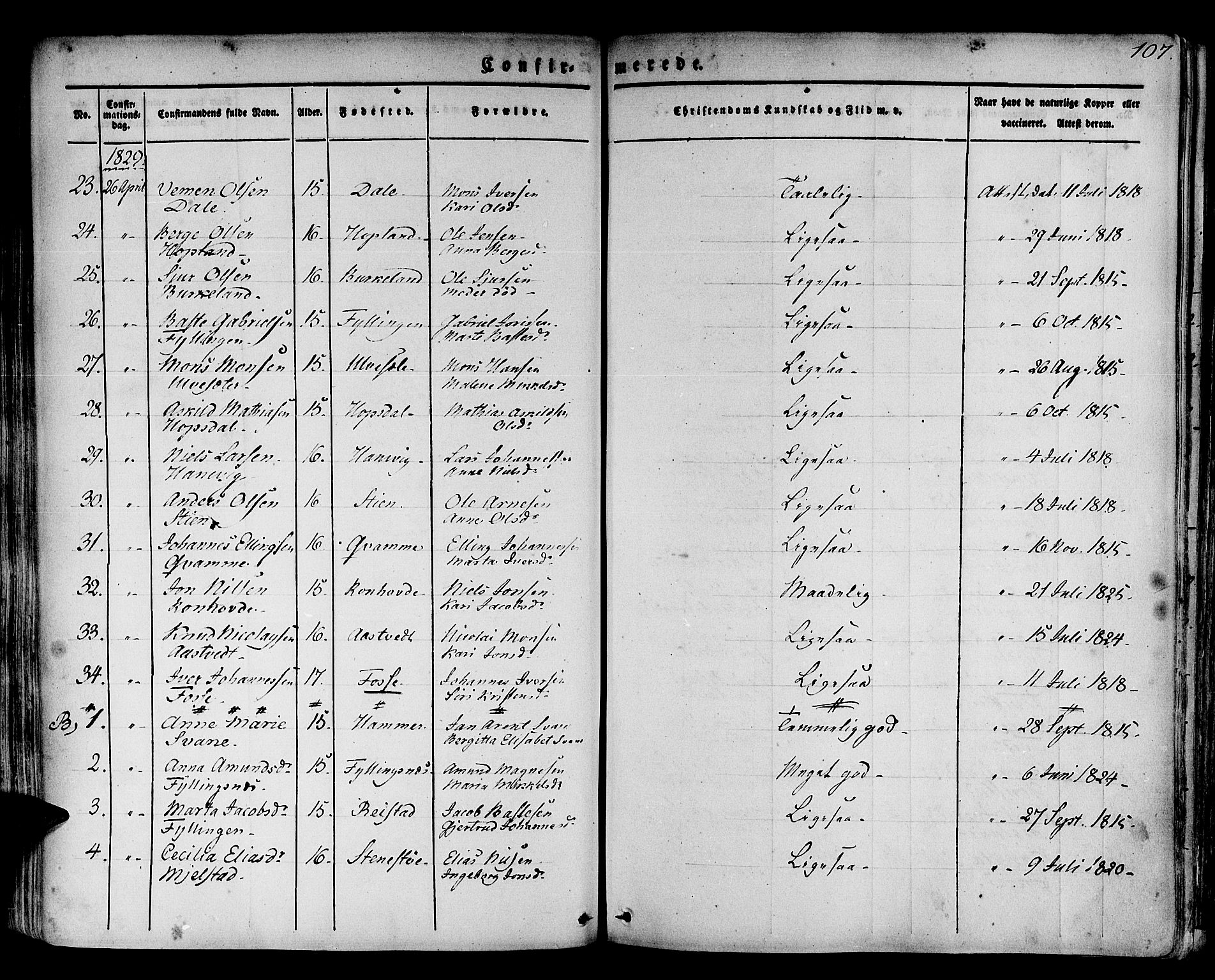 Hamre sokneprestembete, AV/SAB-A-75501/H/Ha/Haa/Haaa/L0011: Parish register (official) no. A 11, 1826-1834, p. 107