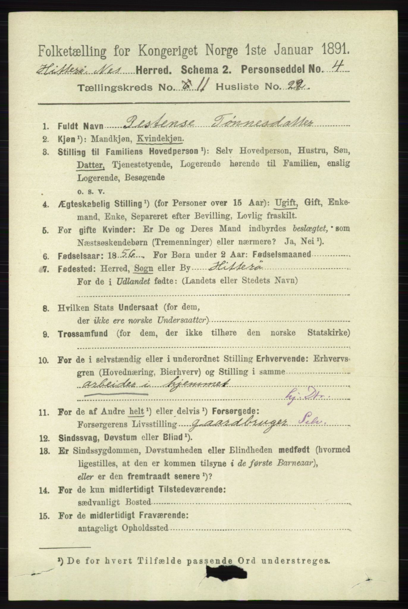 RA, 1891 census for 1043 Hidra og Nes, 1891, p. 4595