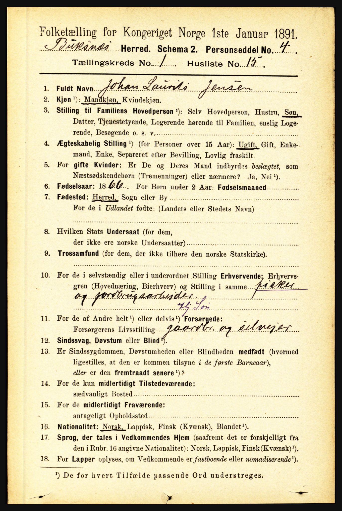 RA, 1891 census for 1860 Buksnes, 1891, p. 325