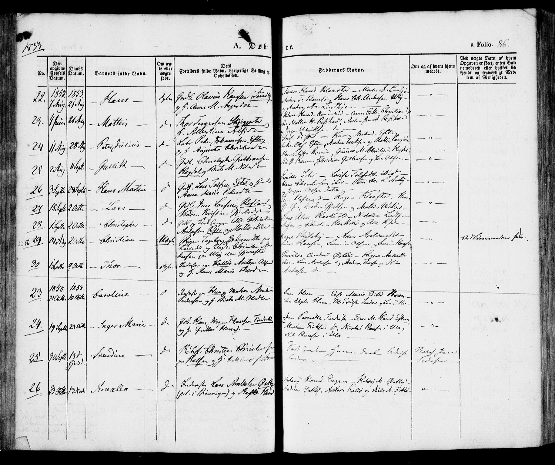 Tjølling kirkebøker, AV/SAKO-A-60/F/Fa/L0006: Parish register (official) no. 6, 1835-1859, p. 86