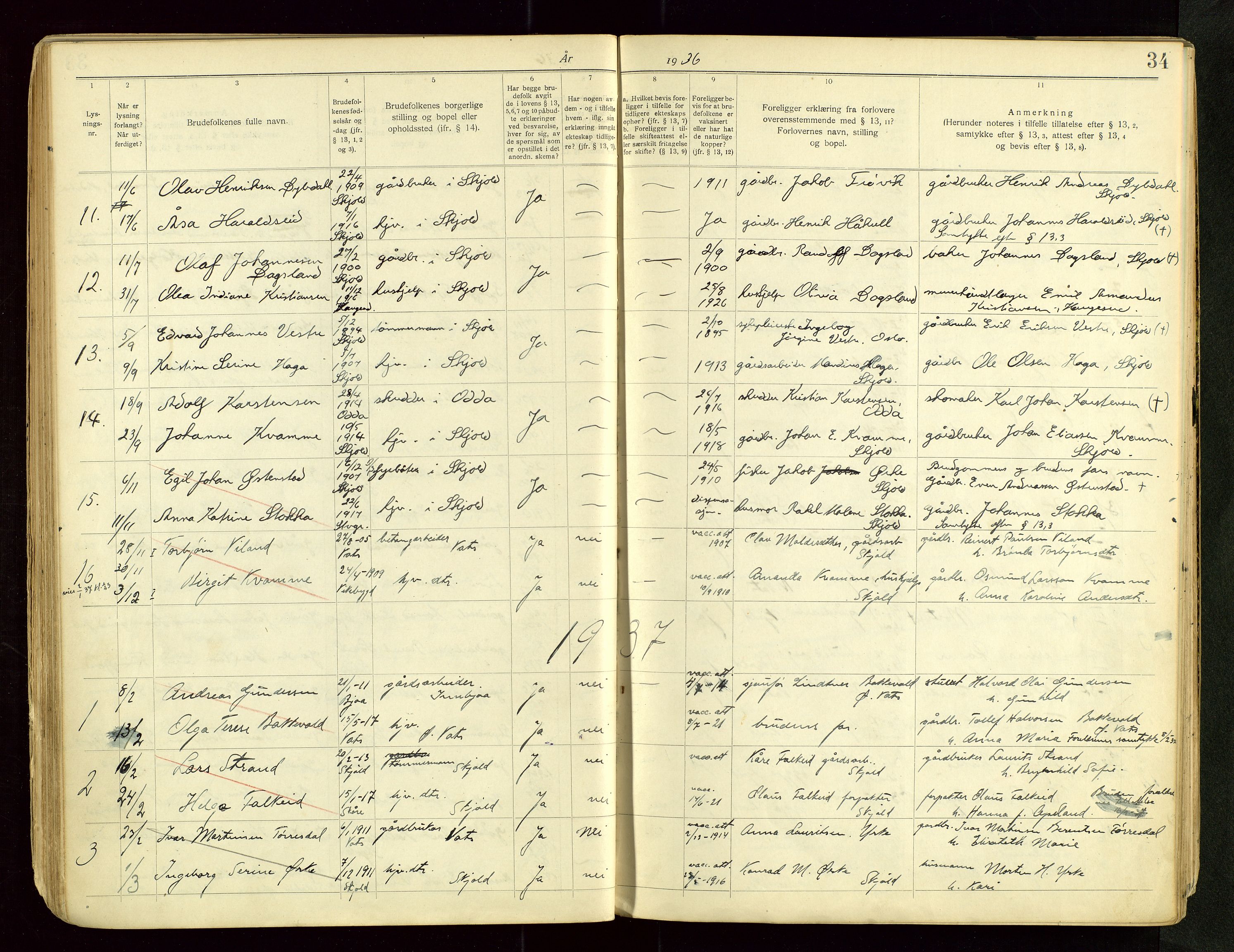 Skjold sokneprestkontor, AV/SAST-A-101847/I/Ie/L0001: Banns register no. 1, 1919-1966, p. 34