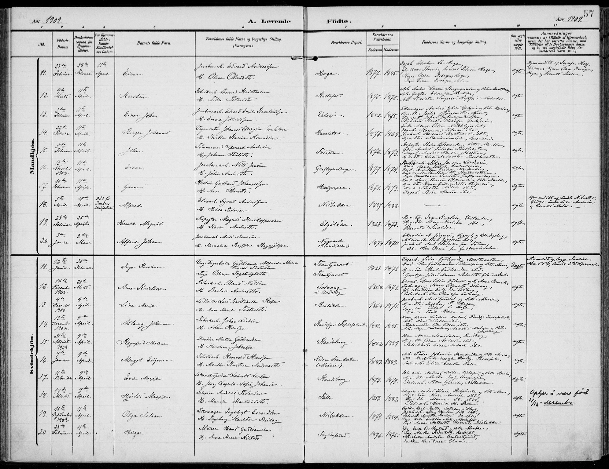 Jevnaker prestekontor, AV/SAH-PREST-116/H/Ha/Haa/L0011: Parish register (official) no. 11, 1902-1913, p. 57