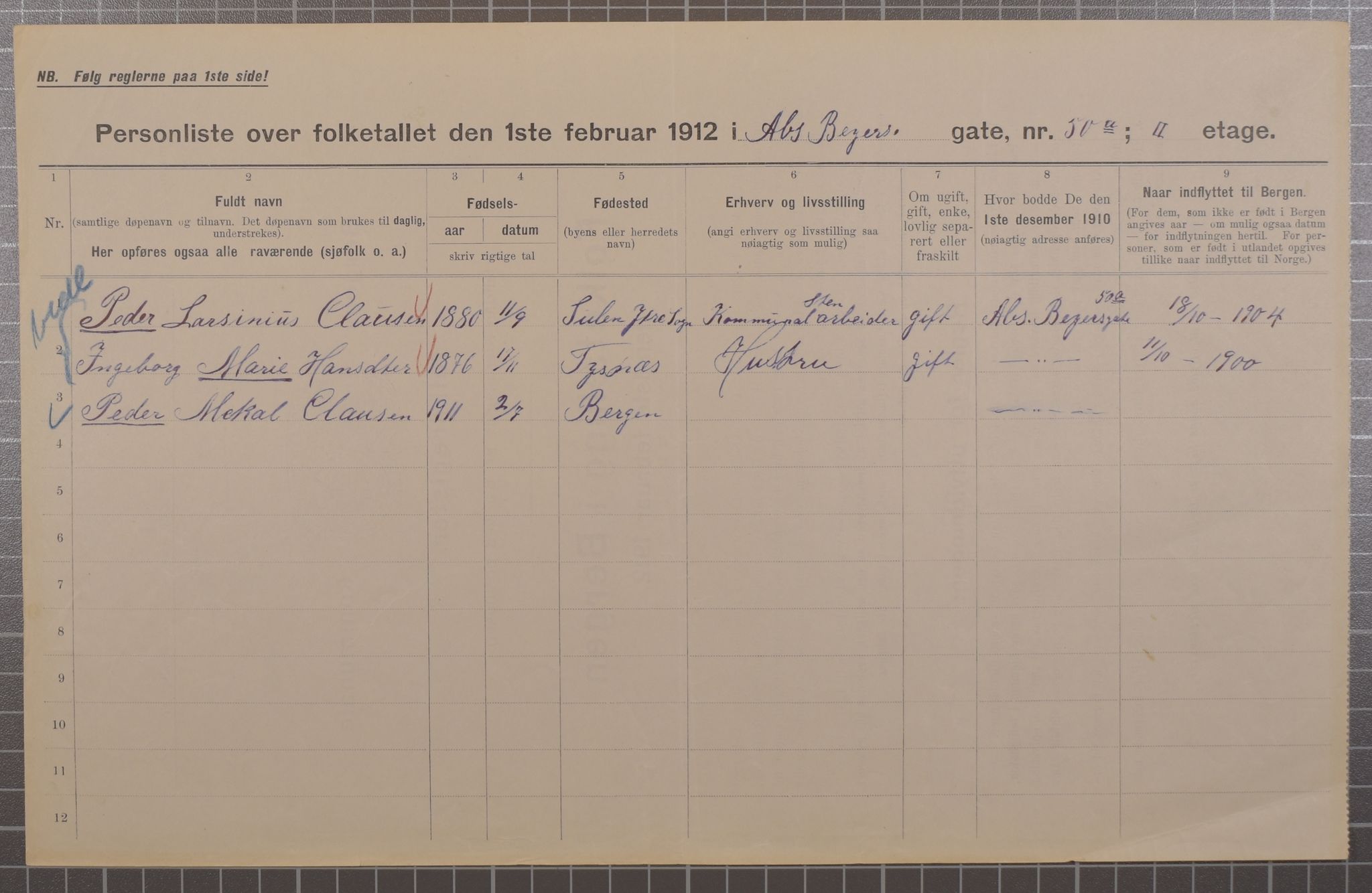 SAB, Municipal Census 1912 for Bergen, 1912, p. 928