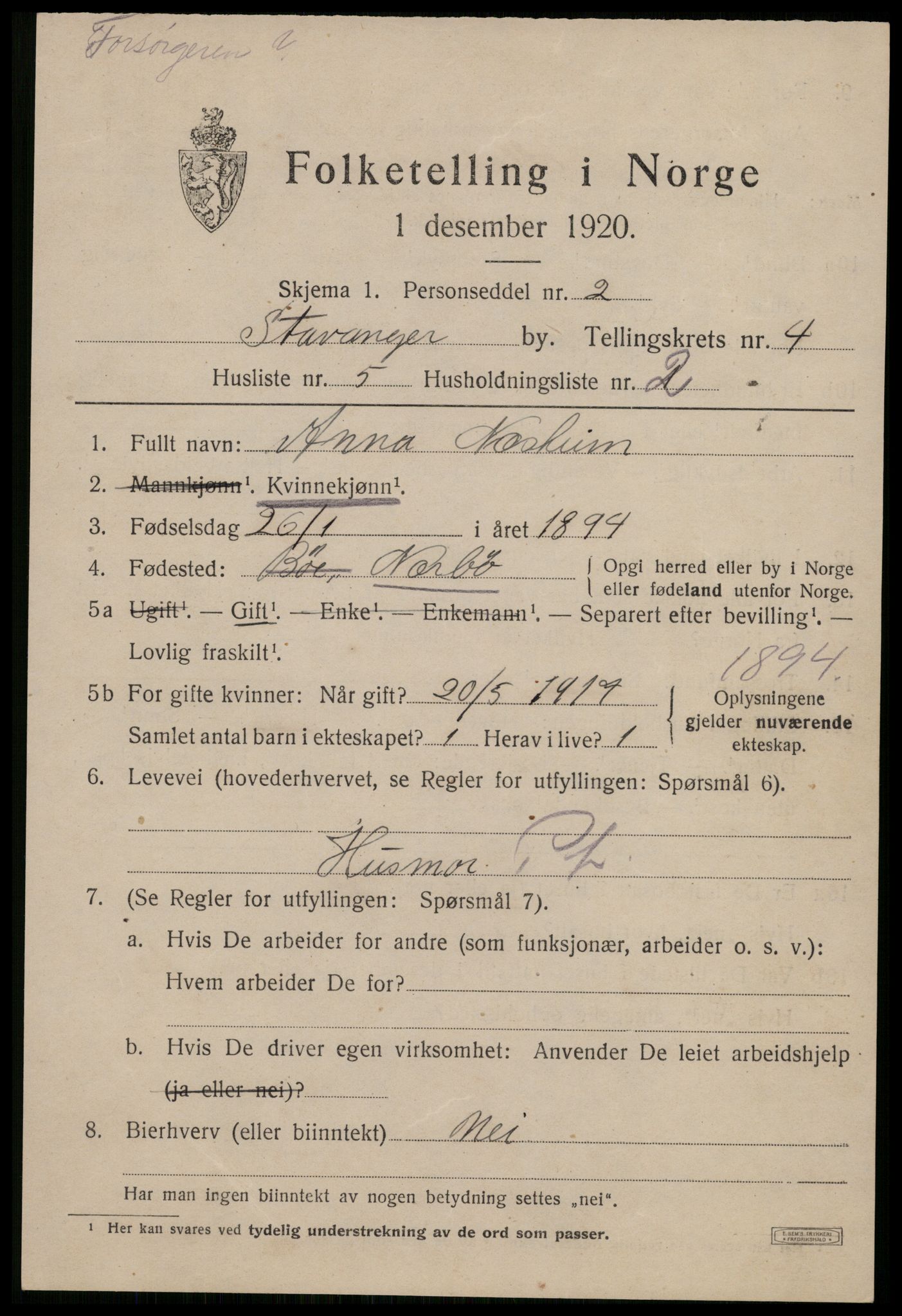 SAST, 1920 census for Stavanger, 1920, p. 37174