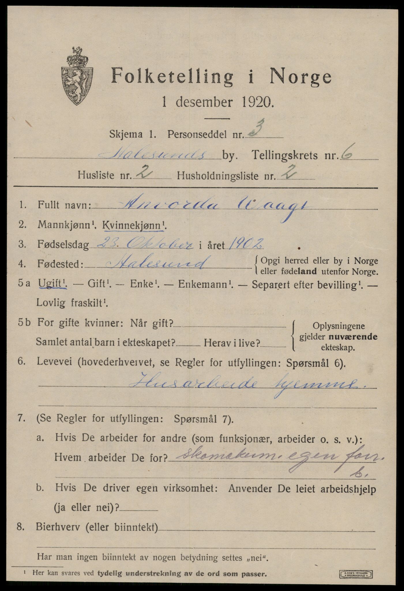 SAT, 1920 census for Ålesund, 1920, p. 17652