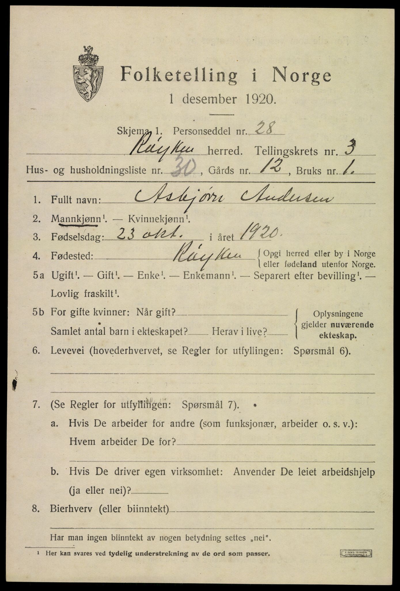 SAKO, 1920 census for Røyken, 1920, p. 4564