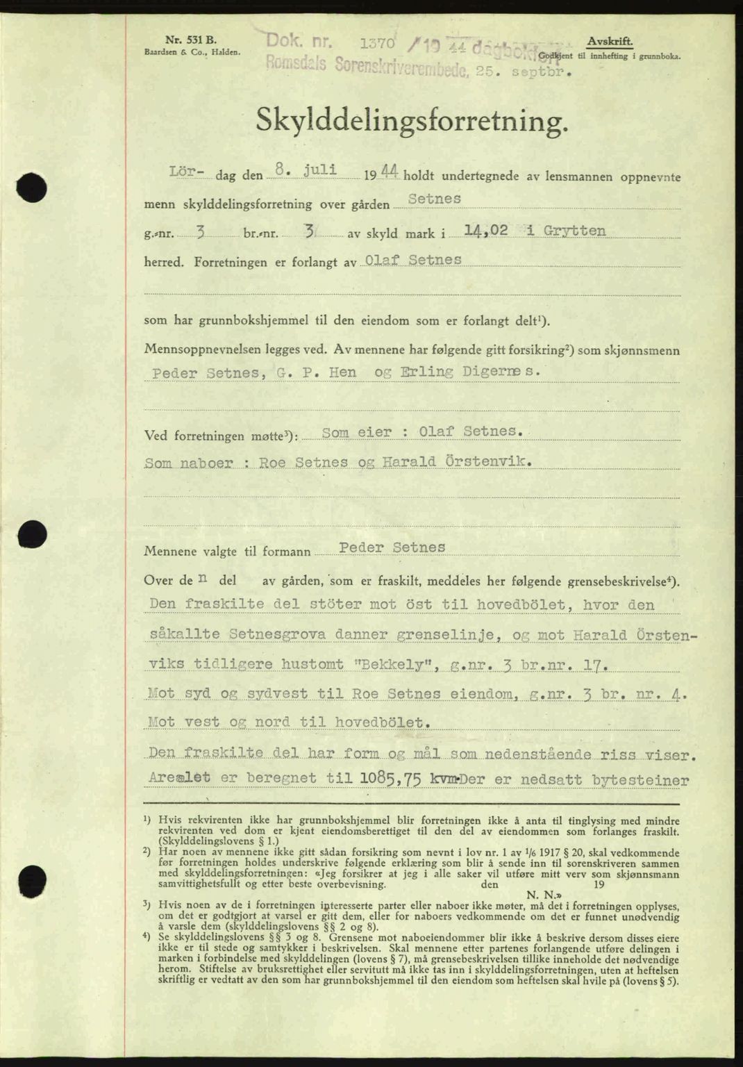 Romsdal sorenskriveri, SAT/A-4149/1/2/2C: Mortgage book no. A16, 1944-1944, Diary no: : 1370/1944