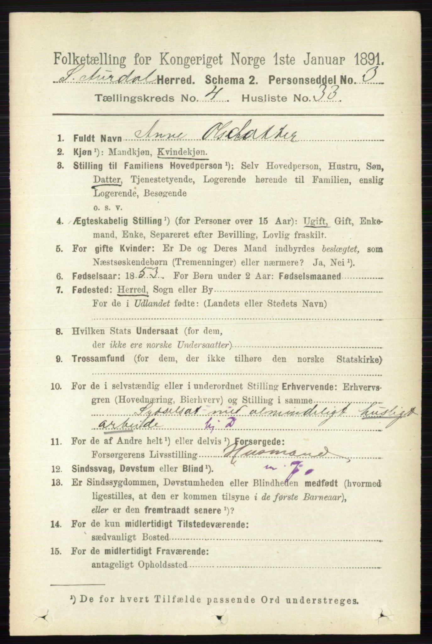 RA, 1891 census for 0540 Sør-Aurdal, 1891, p. 2922