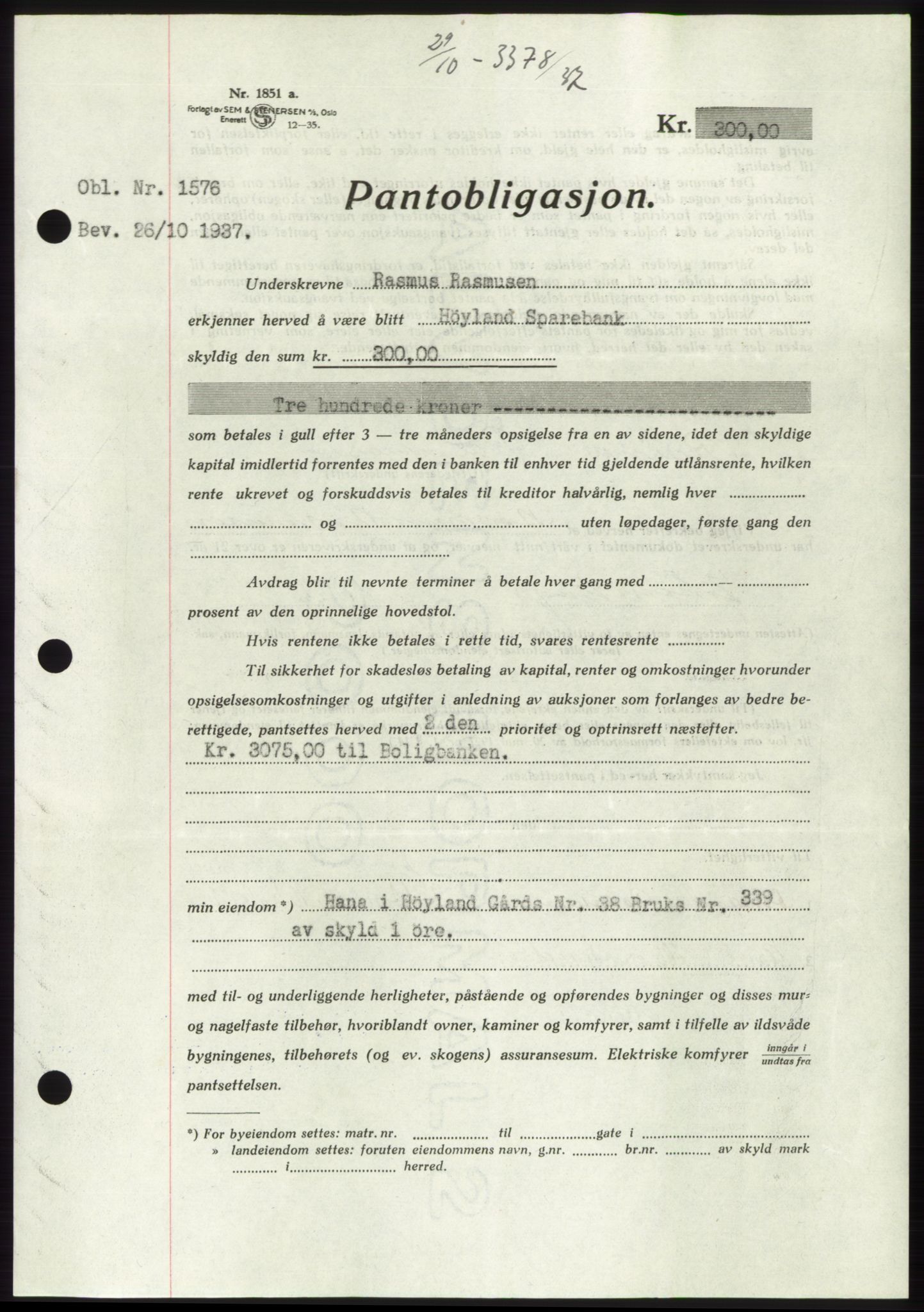 Jæren sorenskriveri, SAST/A-100310/03/G/Gba/L0069: Mortgage book, 1937-1937, Diary no: : 3378/1937