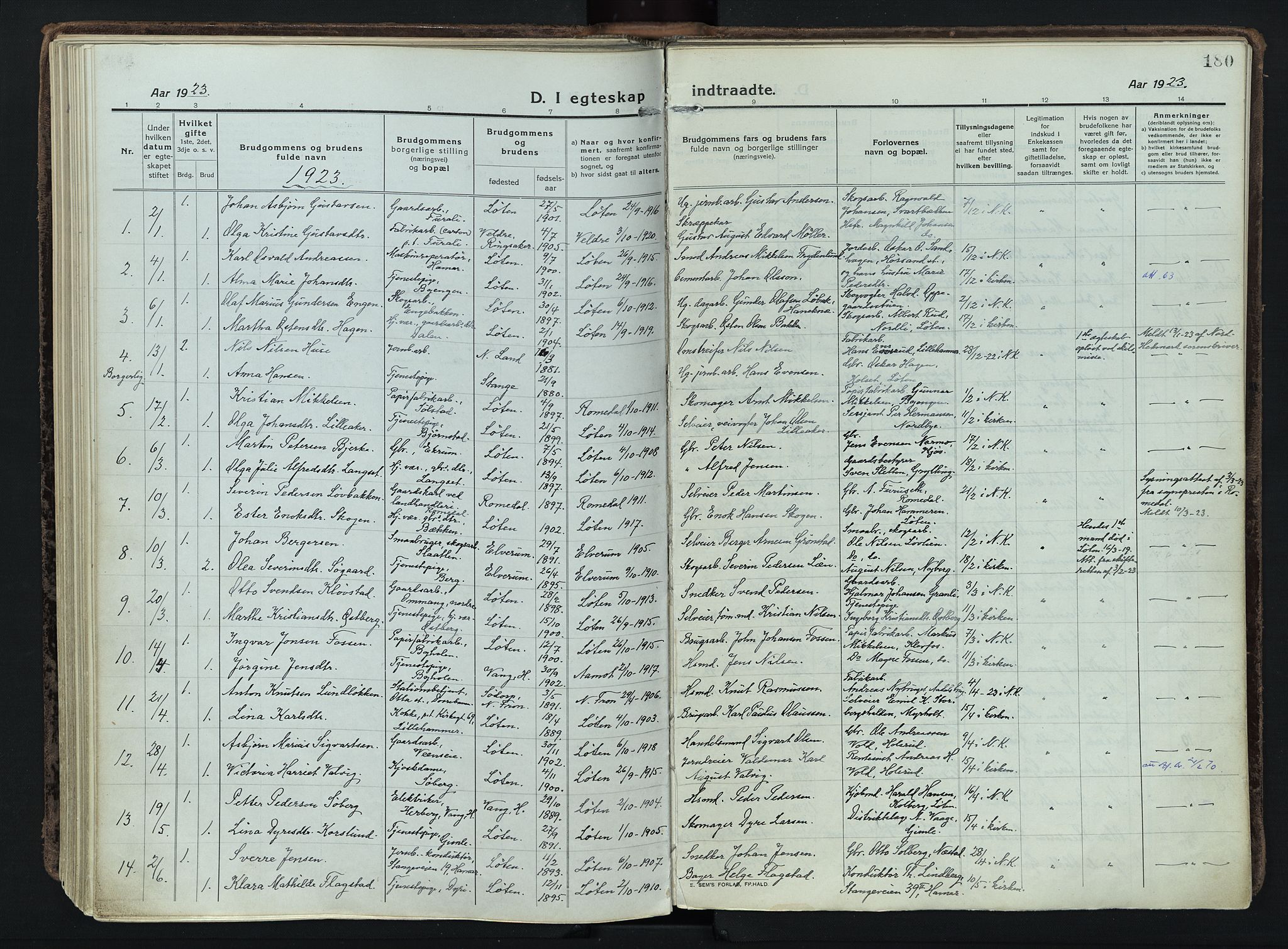 Løten prestekontor, SAH/PREST-022/K/Ka/L0012: Parish register (official) no. 12, 1918-1926, p. 180