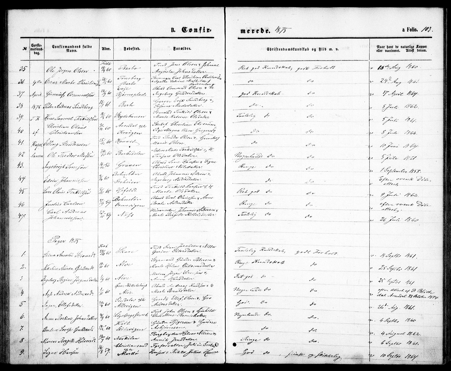 Tromøy sokneprestkontor, SAK/1111-0041/F/Fb/L0004: Parish register (copy) no. B 4, 1869-1877, p. 103