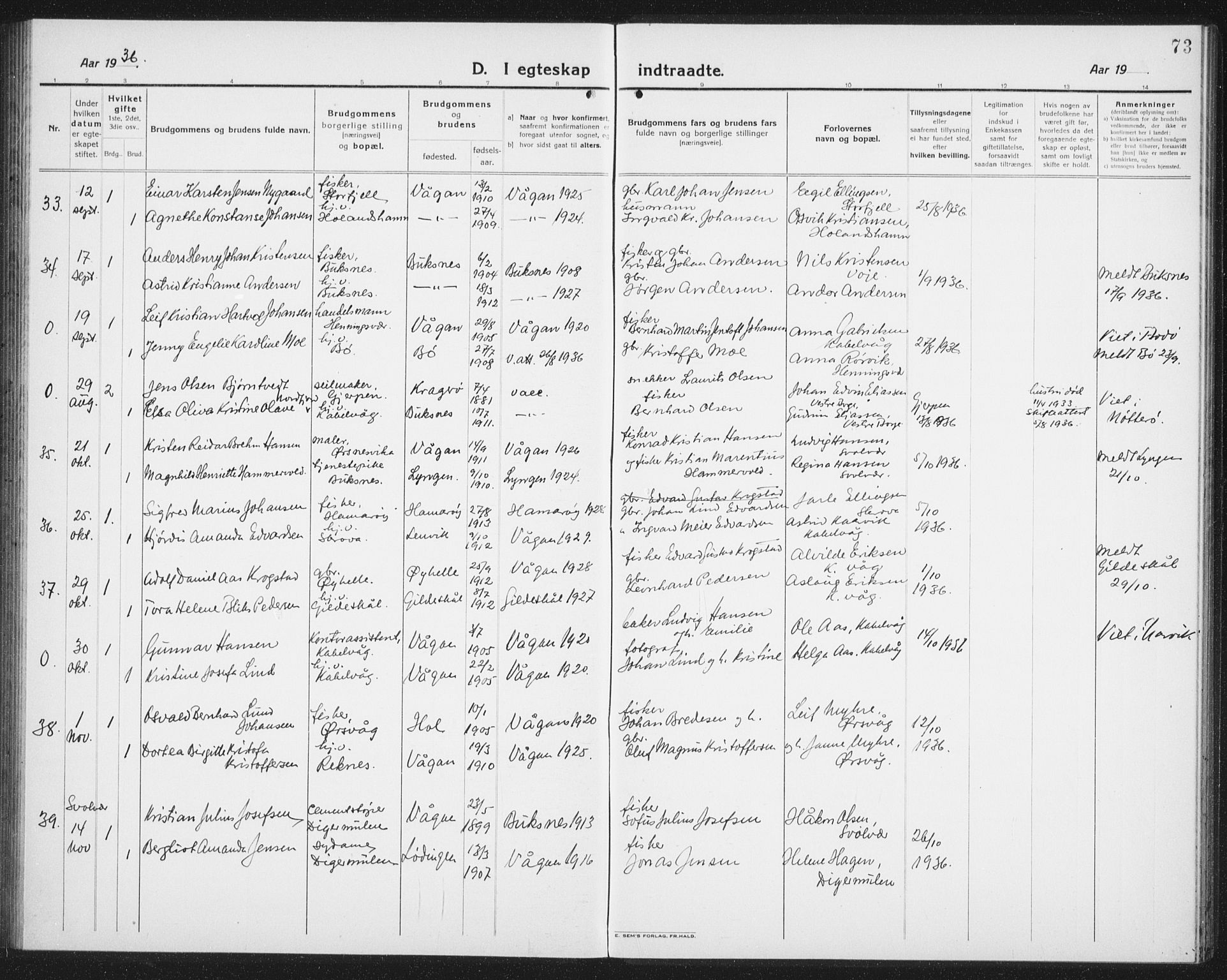 Ministerialprotokoller, klokkerbøker og fødselsregistre - Nordland, AV/SAT-A-1459/874/L1082: Parish register (copy) no. 874C11, 1920-1939, p. 73