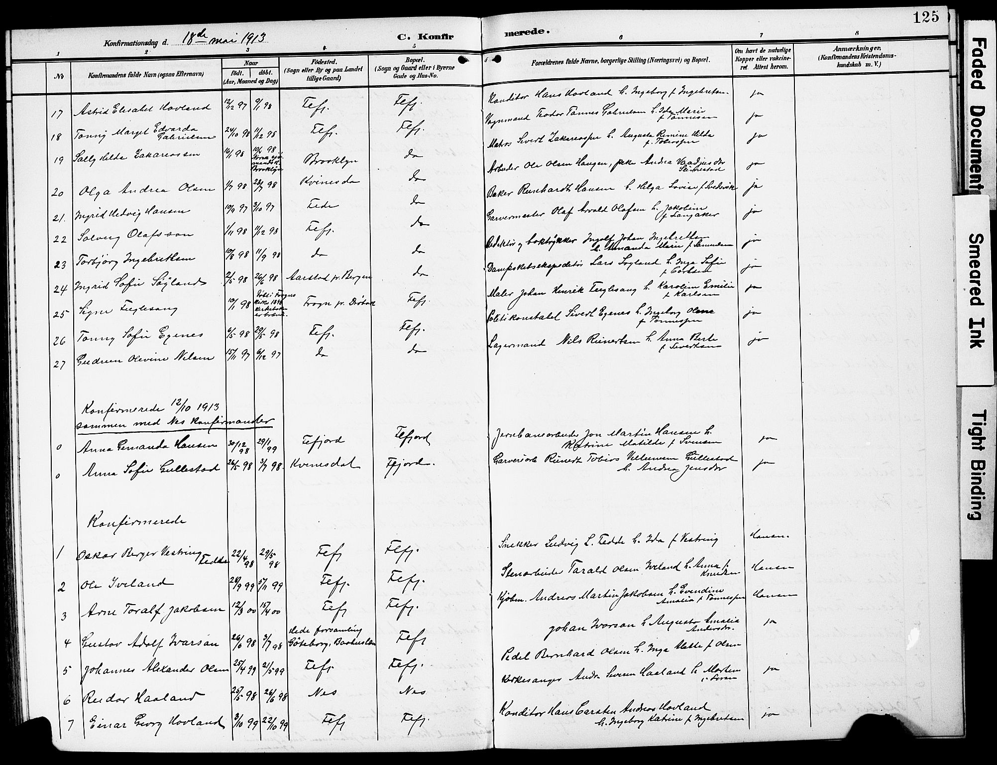 Flekkefjord sokneprestkontor, SAK/1111-0012/F/Fb/Fba/L0001: Parish register (copy) no. B 1, 1903-1931, p. 125