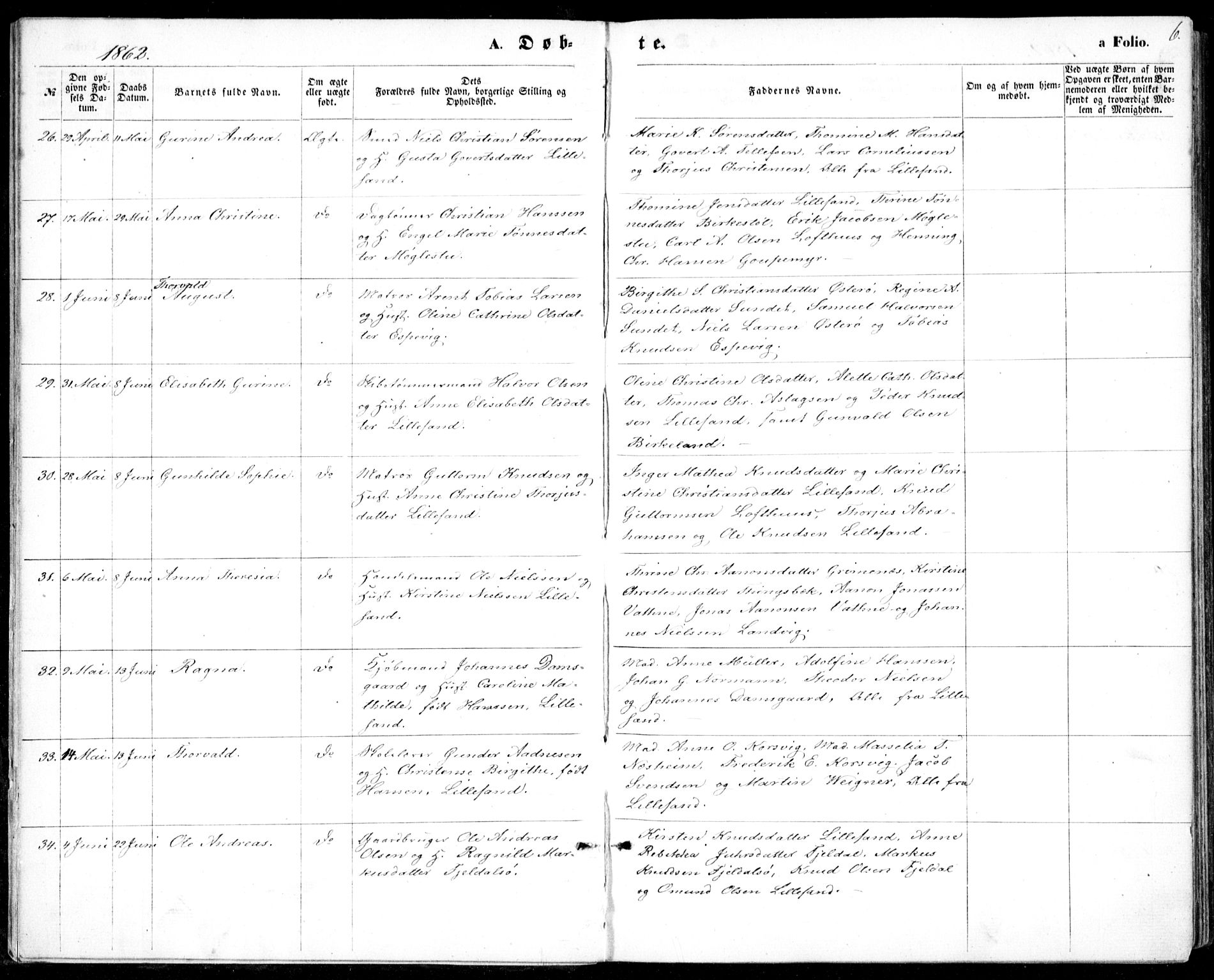 Vestre Moland sokneprestkontor, AV/SAK-1111-0046/F/Fb/Fbb/L0004: Parish register (copy) no. B 4, 1861-1872, p. 6