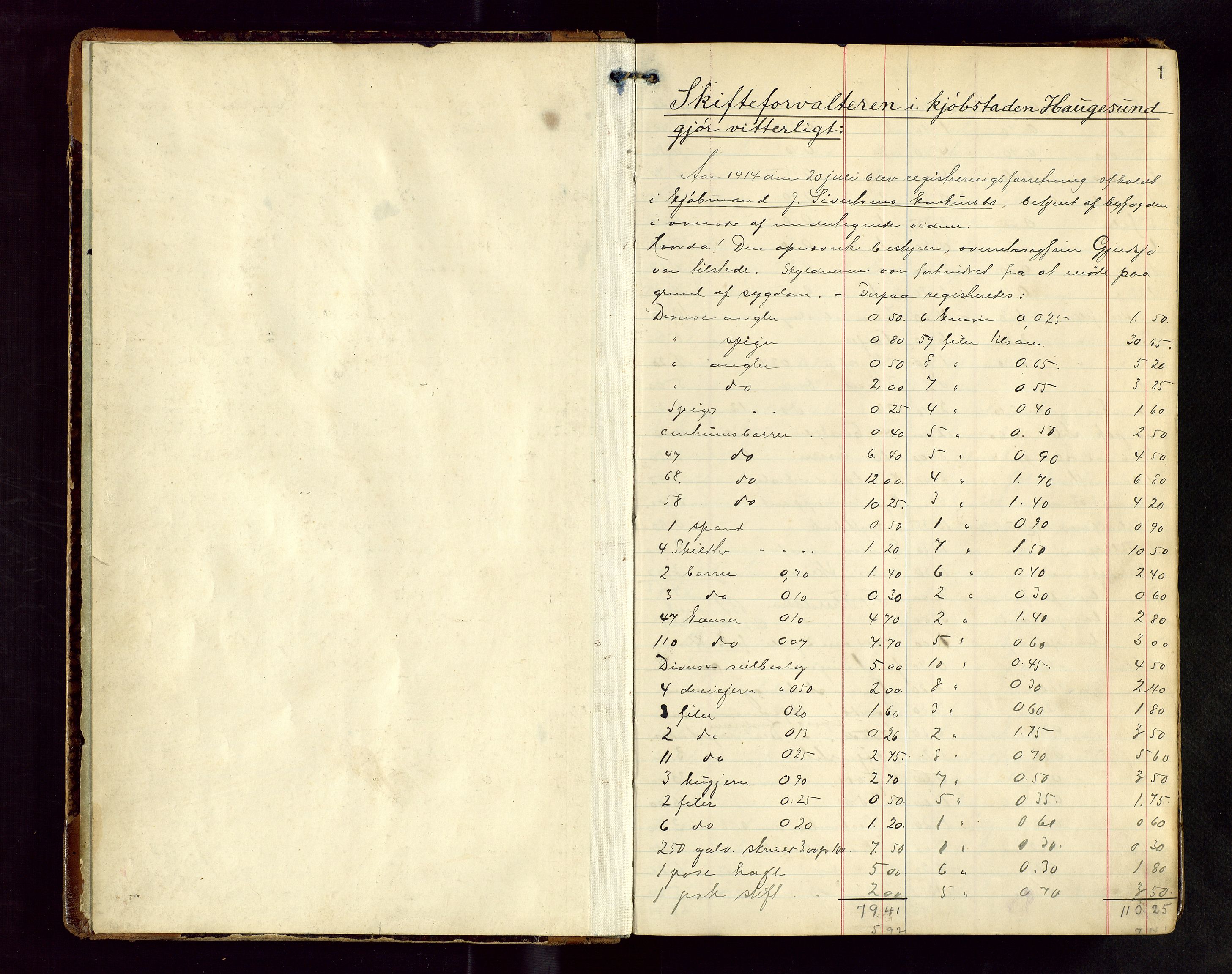 Haugesund tingrett, AV/SAST-A-101415/01/IV/IVB/L0004: Skifteregistreringsprotokoll, med register, 1914-1923, p. 1