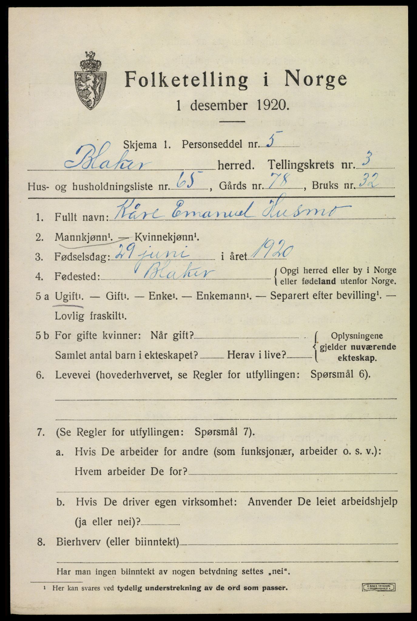 SAO, 1920 census for Blaker, 1920, p. 3071