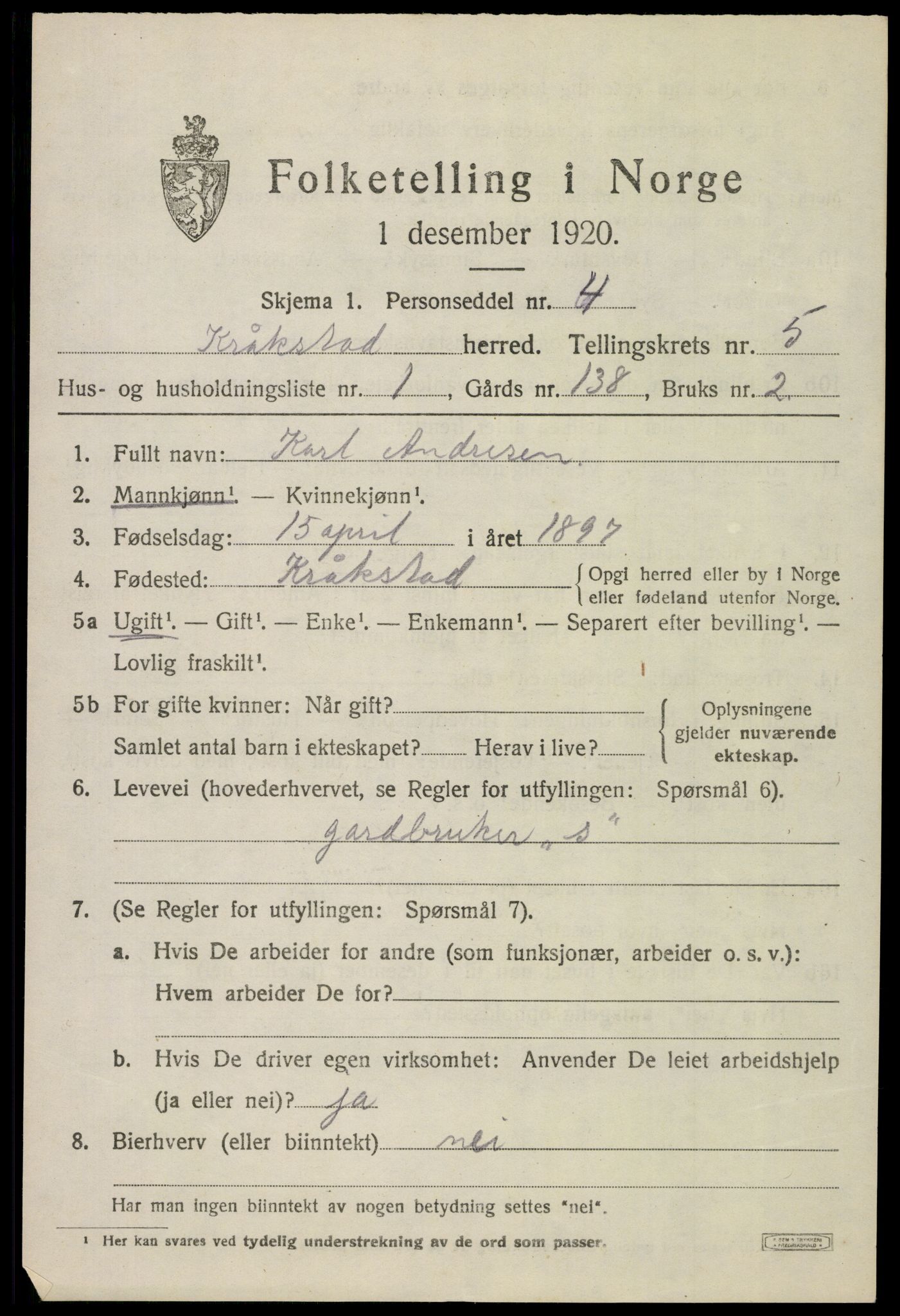 SAO, 1920 census for Kråkstad, 1920, p. 4807