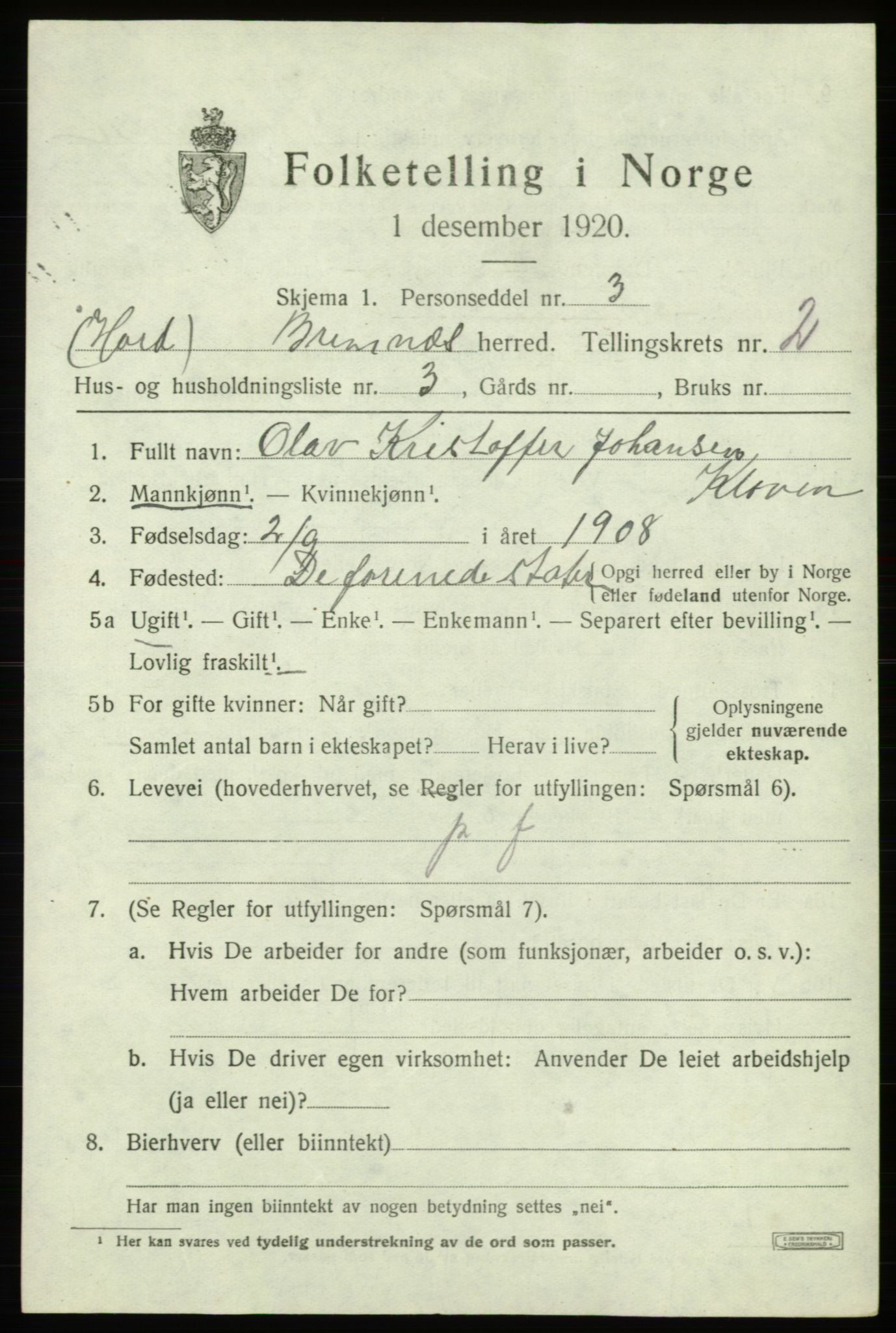 SAB, 1920 census for Bremnes, 1920, p. 1332
