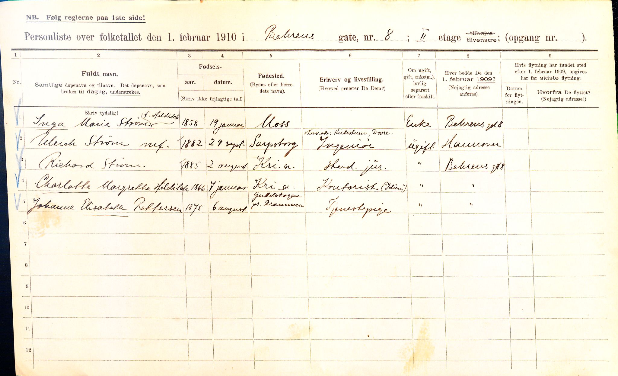 OBA, Municipal Census 1910 for Kristiania, 1910, p. 3312