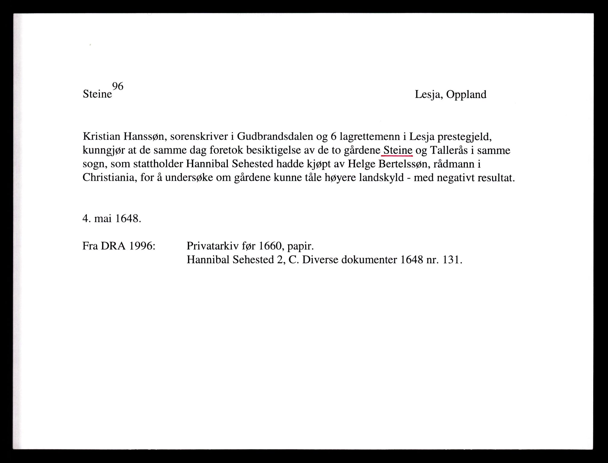 Riksarkivets diplomsamling, AV/RA-EA-5965/F35/F35e/L0009: Registreringssedler Oppland 1, 1400-1700, p. 93