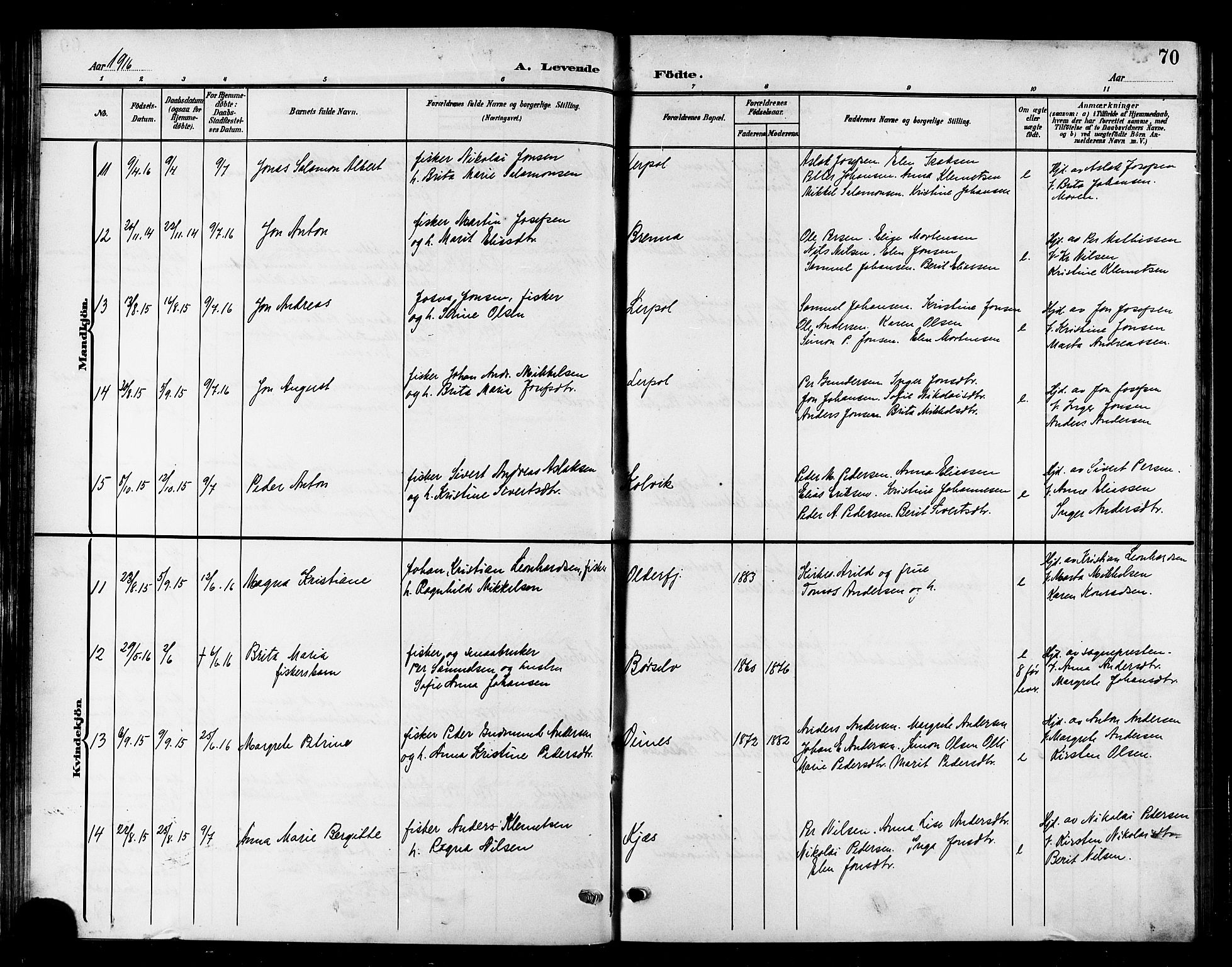 Kistrand/Porsanger sokneprestembete, AV/SATØ-S-1351/H/Hb/L0006.klokk: Parish register (copy) no. 6, 1905-1917, p. 70